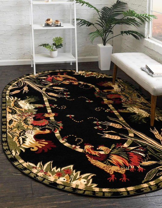 Unique Loom Barnyard Collection Area Rug - Farm (3' 3" x 5' 3" Oval, Black/ Cream)