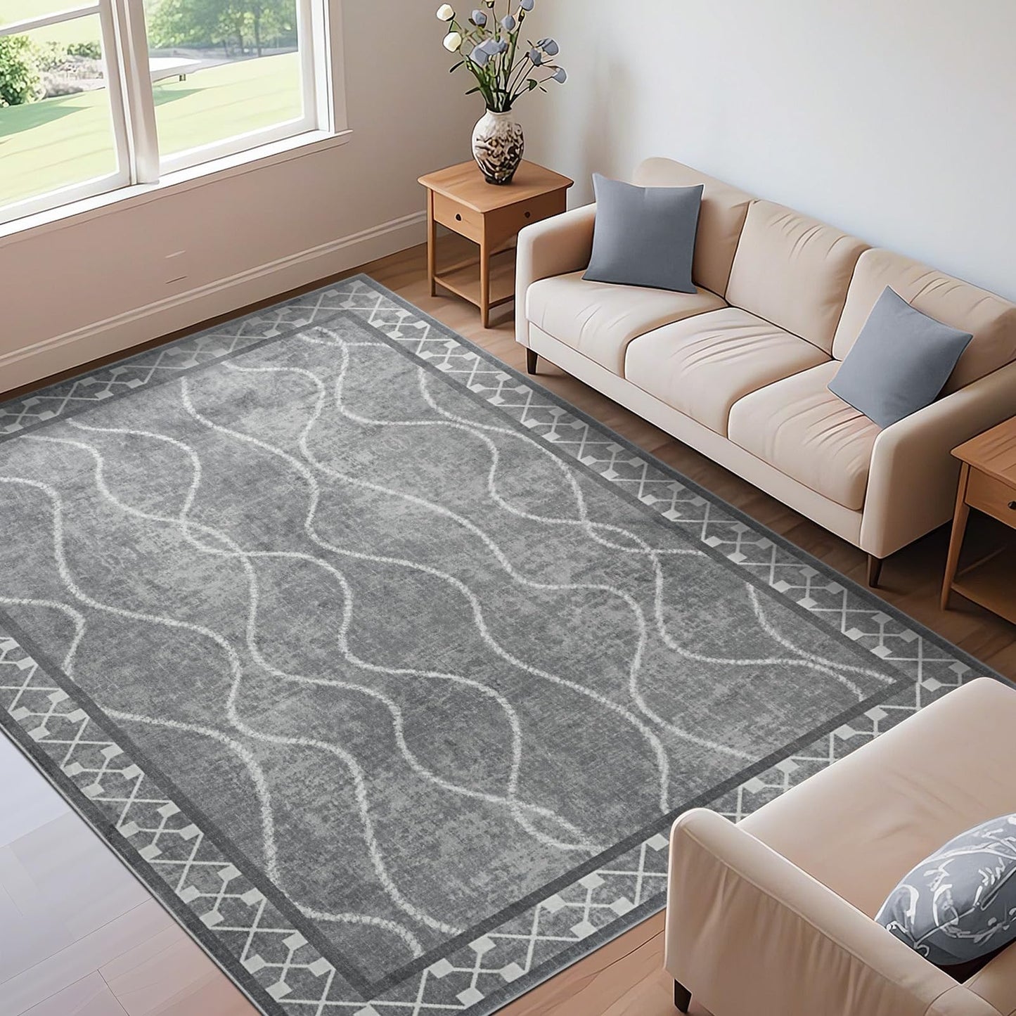 Woottpe 5x7 Light Grey Area Rugs for Living Room, Machine Washable Non-Slip Backing Low Pile Indoor Floor Rugs, Large Modern Carpet for Bedroom Entryway Classroom Playroom Dining Room Home Decor