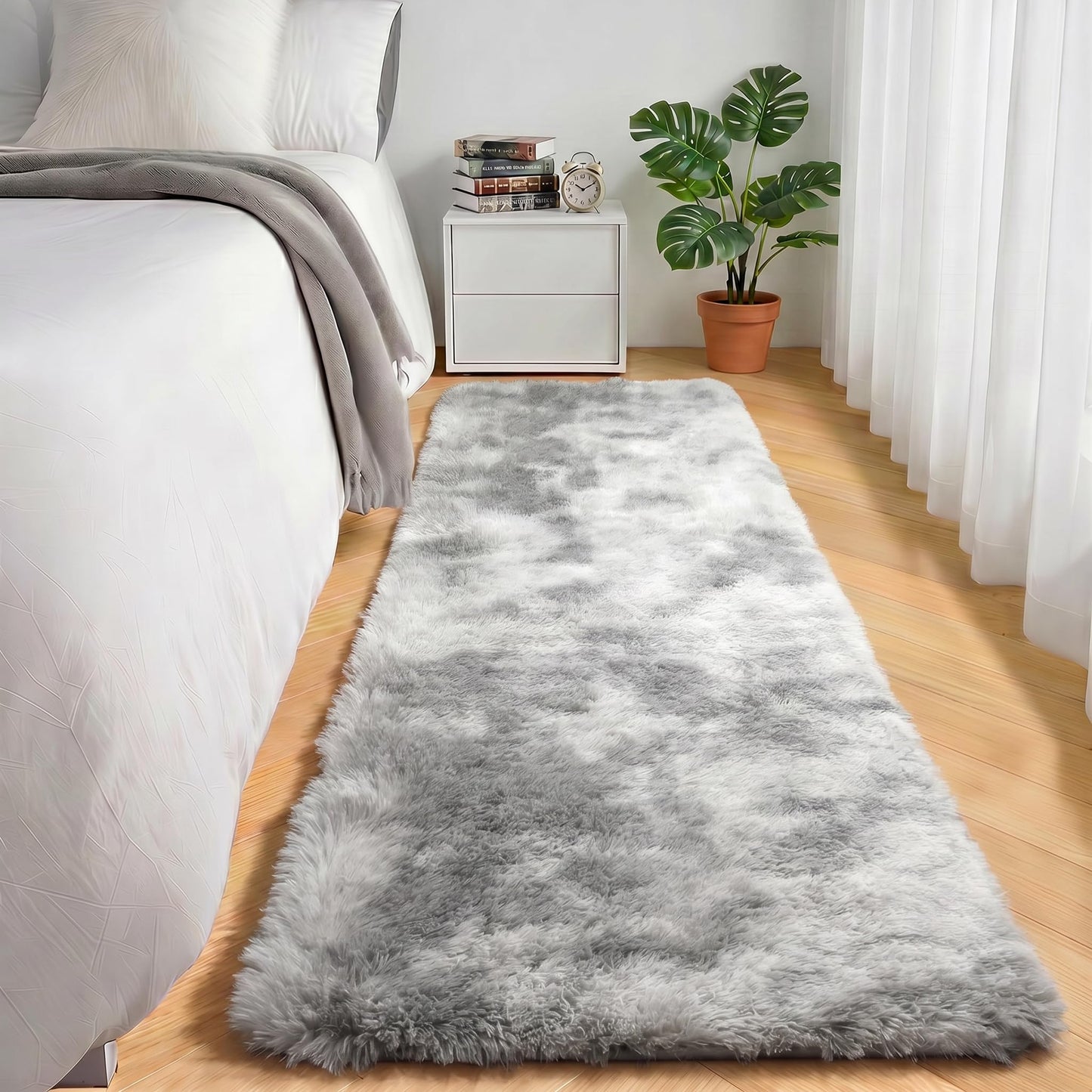 ONASAR 2x6 Runner Rugs for Bedroom Living Room, Fluffy Tie-Dyed Light Grey Bedside Hallway Throw Area Rug, Ultra Soft Plush Furry Floor Carpet Mat for Nursery Kids Dorm Closet Home Decor