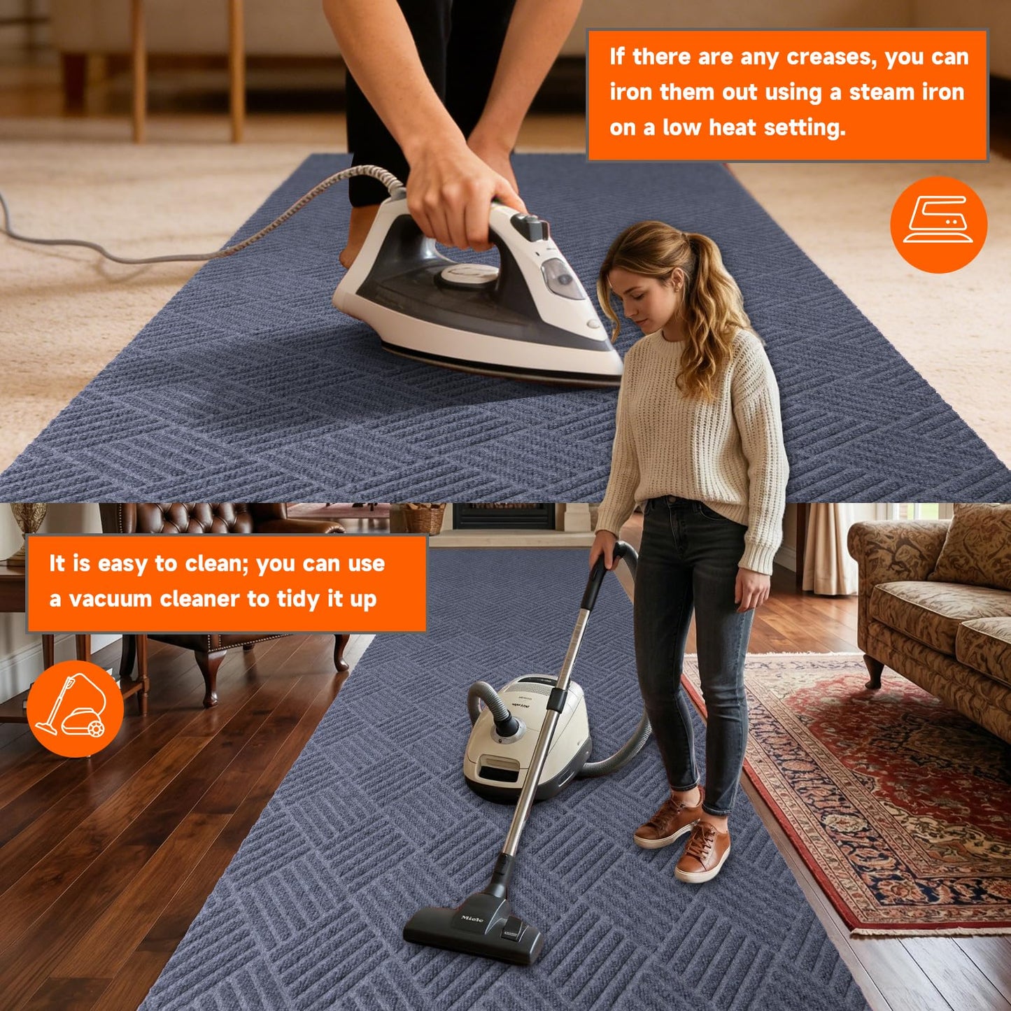 Indoor Outdoor Runner Rug 3 x 15 ft, Gray Non Slip Rubber Backed Floor Runner, Low Profile Area Carpet for Hallway, Kitchen, Entryway, Balcony, Garage, Stairs & Laundry, Geometric