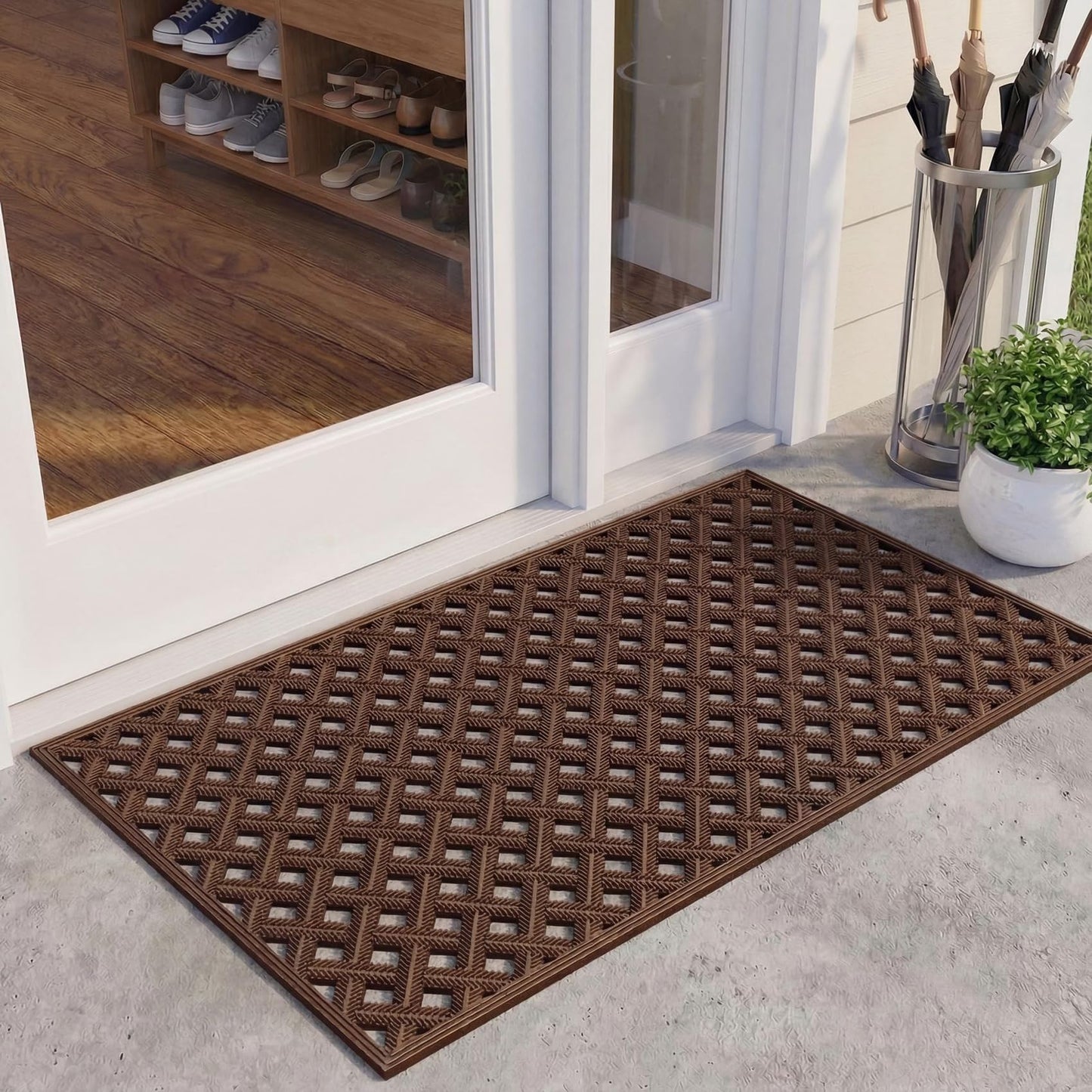 Bulijojo Front Door Mat with Drainage,24x36 Rubber Heavy Duty Dirt Trapper Waterproof Welcome Mat, All Weather for Front Back Door Patio Entryway Brown