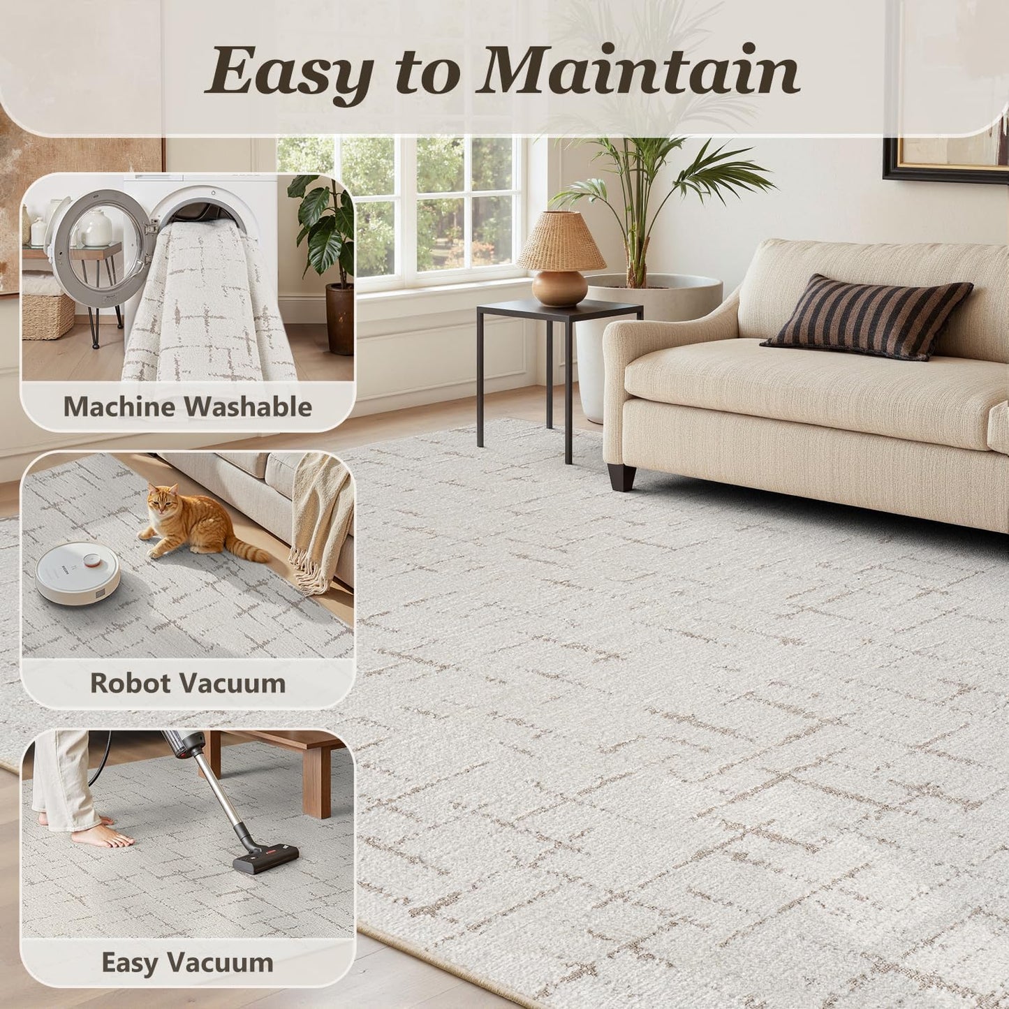 Engiw-Beige Neutral 5x7 Area Rug for Living Room Rug-Carpet Bedroom Rugs Textured Tufted Jacquard Modern Washable Rug for Dining Room Nursery Non Slip