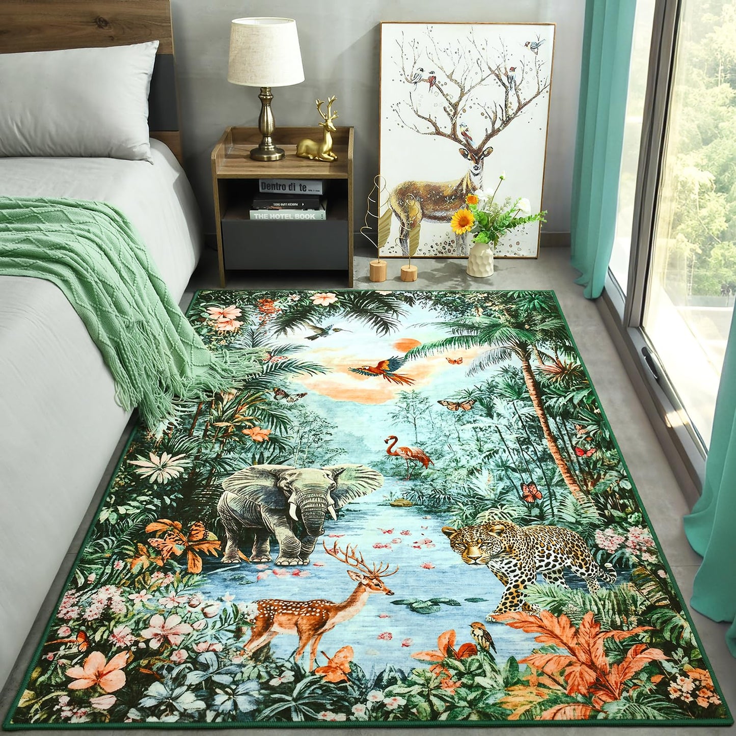 Amearea Jungle Print 5x7 Area Rug for Living Room, Washable Green Rugs for Bedroom, Forest Animal Rug Low Pile Kids Nursery Room Rug, Leopard Rugs Carpet for Boys Girls Playroom Dining Room Decor