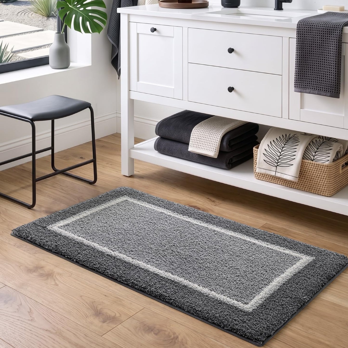 DEXI Bathroom Rugs 24x16, Absorbent Extra Soft Plush Microfiber Bath Mat for Bathroom, Non Slip Washable Bathmat Quick Dry for Shower Floor, Sink, Tub, Laundry Room, Light Grey