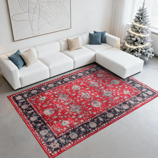 HOISUN Elegant Vintage Floral Design Area Rug,6x9 Red Gray Soft & Durable Polyester,Bohemian Decor for Bedroom/Living Room, Easy Clean Machine Washable, Non-Slip Backing & Pet-Friendly, Low Pile