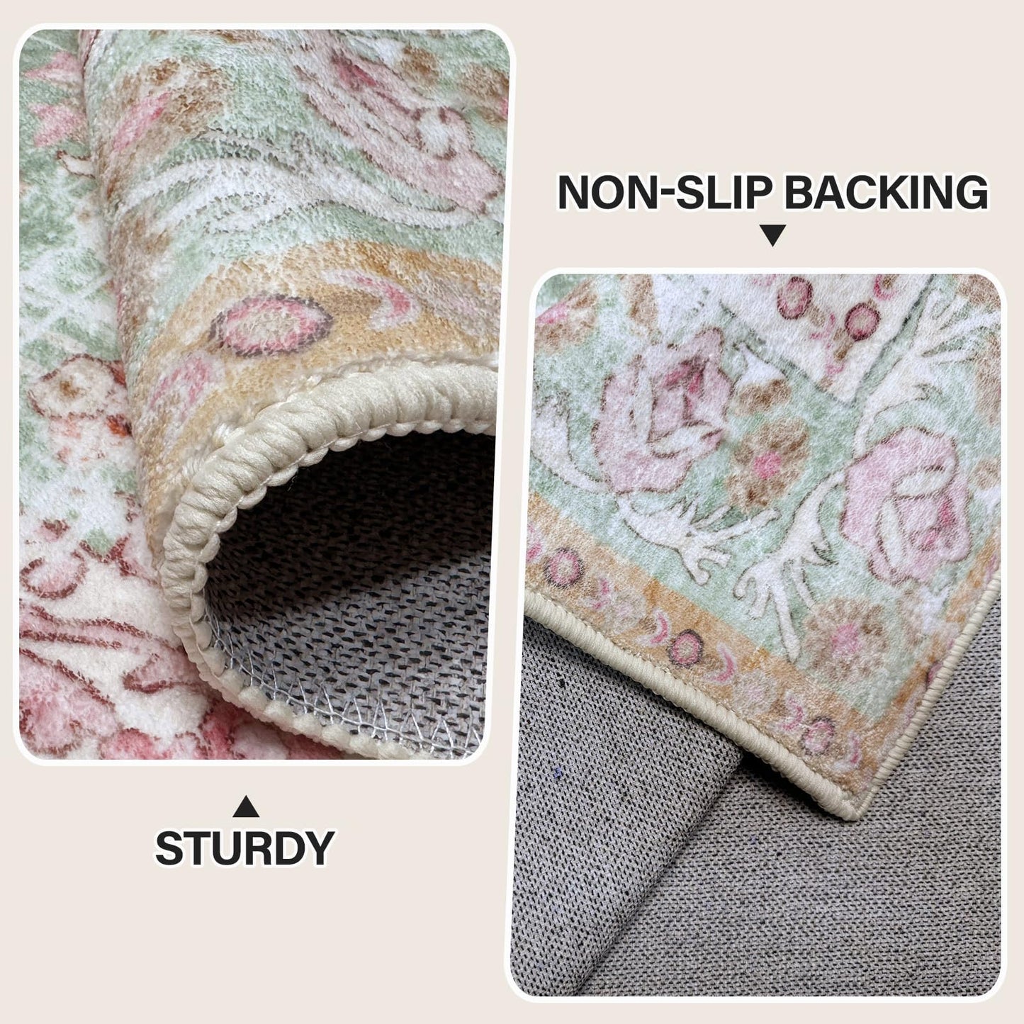 Vhong Washable Area Rugs Boho Vintage Modern Neutral Small Carpet Green and Pink High Traffic Rugs 3×5 for Dinning Room Living Room Bedroom Farmhouse Non Slip