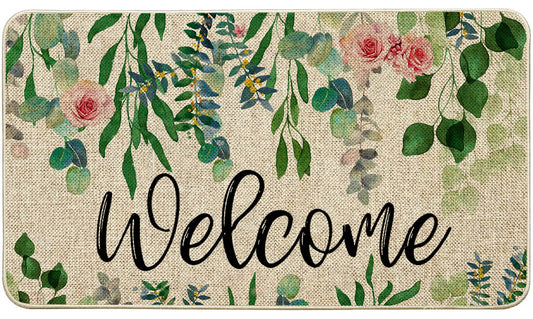 ORTIGIA Welcome Doormat Summer Eucalyptus Leaves Floral Doormat Outdoor Outside Indoor Entrance Mat Non-Slip Durable Absorbent Easy Clean Entryway 17x29 Inch
