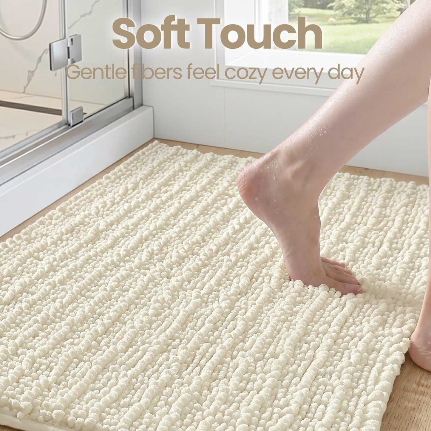 DEXI Bathroom Rugs 24x43, Super Soft Thick Chenille Absorbent Bath Mat, Non Slip Machine Washable Fluffy Shag Bathmat for Tub, Shower Floor, Ivory