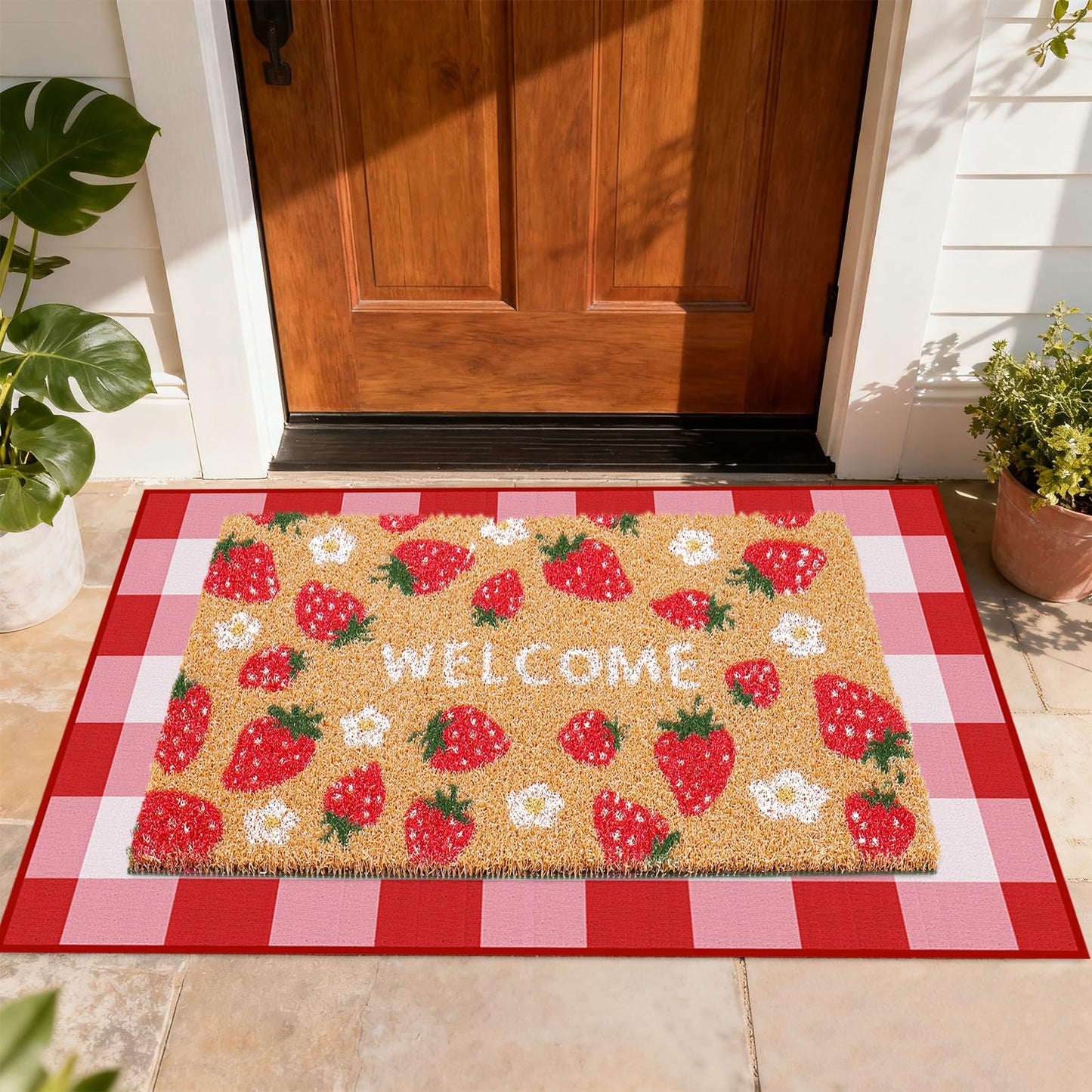 Whaline 2 Pcs Strawberry Daisy Doormat Set Floor Mat Red Pink Checkered Fruit Coir Non-Slip Front Door Rug for Spring Summer Outdoor Home Kitchen Bathroom Entrance Porch