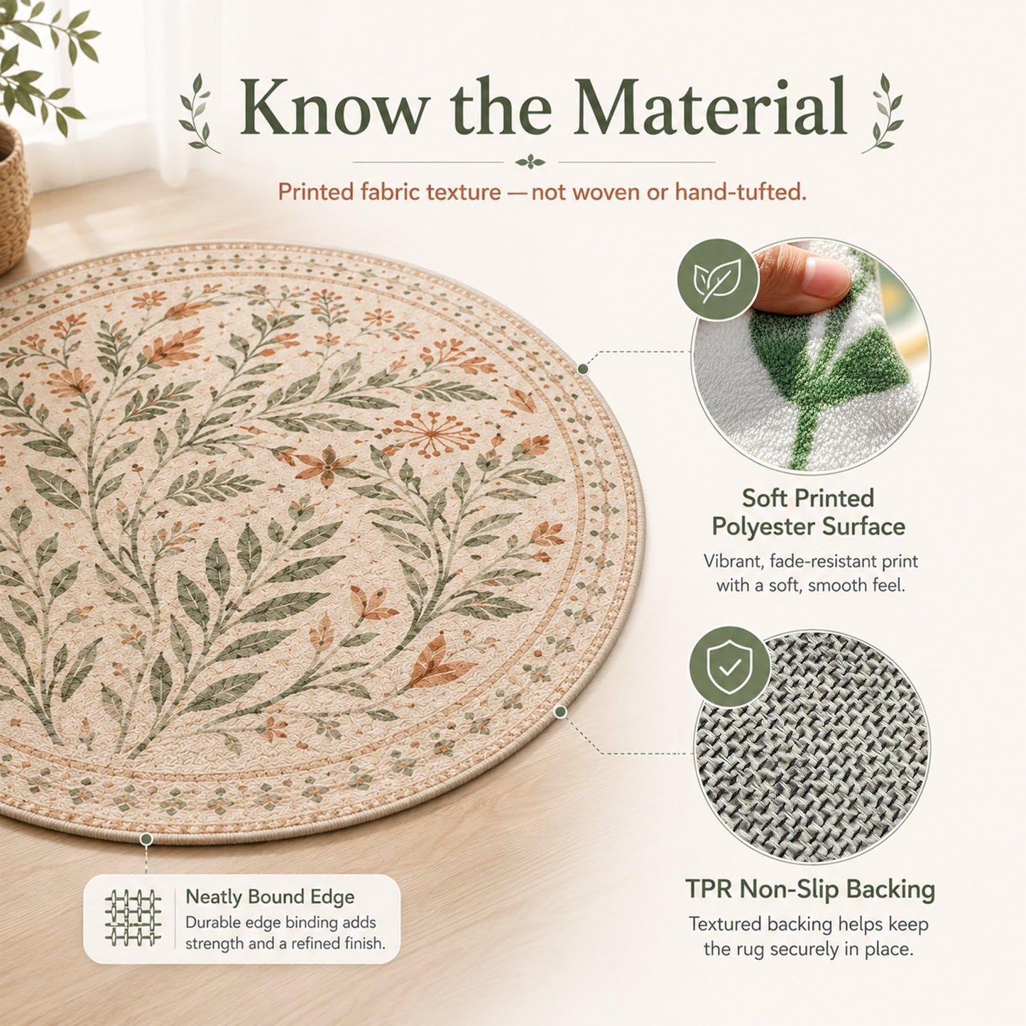 OWUFFY Round Rug 2' Washable Circle Rug Non Slip Low Pile Boho Floral Circular Rug for Bedroom, Bathroom, Entryway, Room, Office, College Dorm