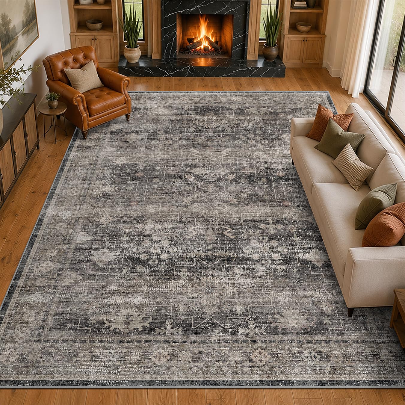 Modern 8x10 Charcoal and Beige Area Rug for Living Room, Washable Farmhouse Boho Rug for Bedroom, Distressed Oriental Geometric Design, Stain Resistant Low Pile Non-Slip Ultra Soft, Moody Décor