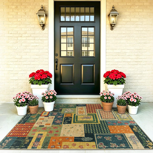 Quntue Easy Jute Floral Vintage 3x5 Front Porch Rug Washable Boho Patchwork Indoor Outdoor Rugs Non-Slip Farmhouse Front Door Carpet for Entryway, Patio, Living Room, Bedroom, Kitchen, Office