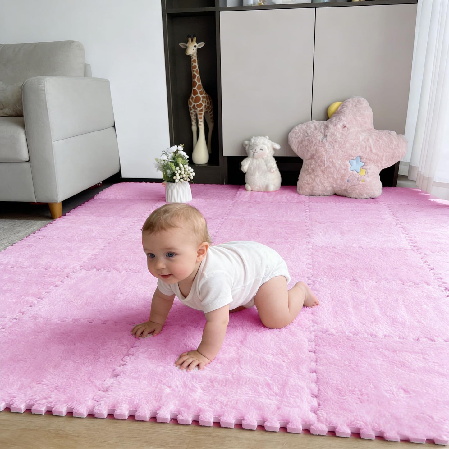16 PCS Plush Interlocking Carpet Tiles, 0.6" Thick Soft Foam Floor Mat for Baby Crawling, Kids Playroom, Nursery, Bedroom, Living Room & Home Office, Non-Slip Puzzle Floor Tiles(11.8ft, Pink)