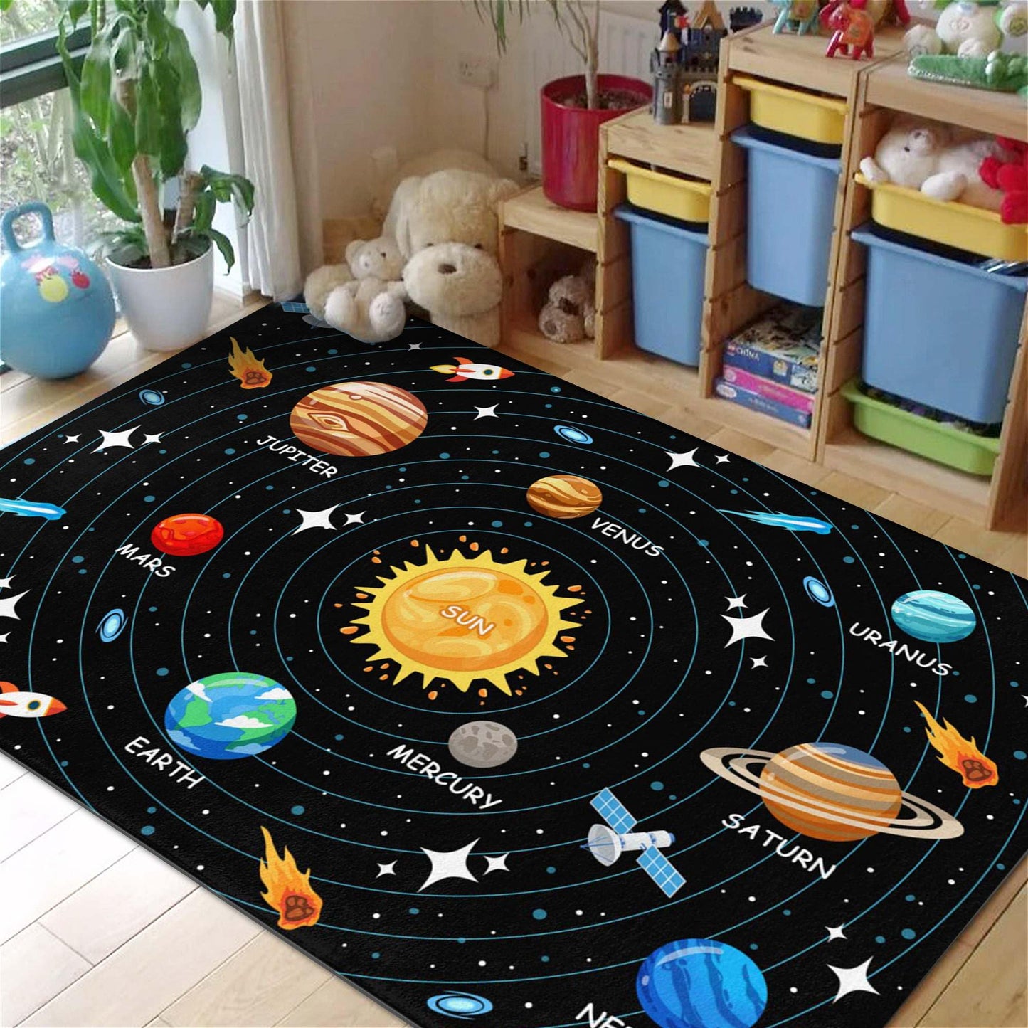 Kids Carpet Outer Space Rug, Solar System Mat 5x7 FT, Fun Game Boy Girl Kids Rug Carpet for Children Bedroom, Space Area Floor Mat for Living Room Nursery Room Toddler Classroom Decor