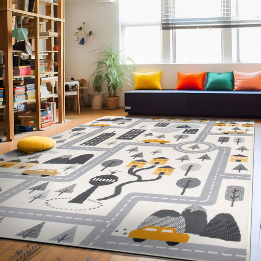Rugshop Kids Play Road Rug for Playroom,Kidsoom,Nursery Room Interactive Cityscape for Cars and Toys Indoor Soft Area Rug 5' x 7' Cream