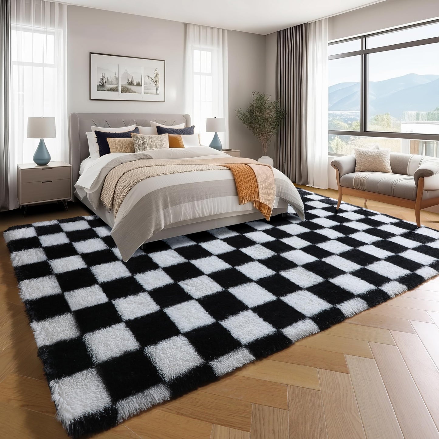 KICMOR Rugs for Living Room, 5x8 Area Rug Black and White Fluffy Shag Soft Checkered Rug Large Fuzzy Plush Furry Shaggy Carpet for Bedroom, Kids Boys Girls Teen Dorm Nursery Home Decor Aesthetic