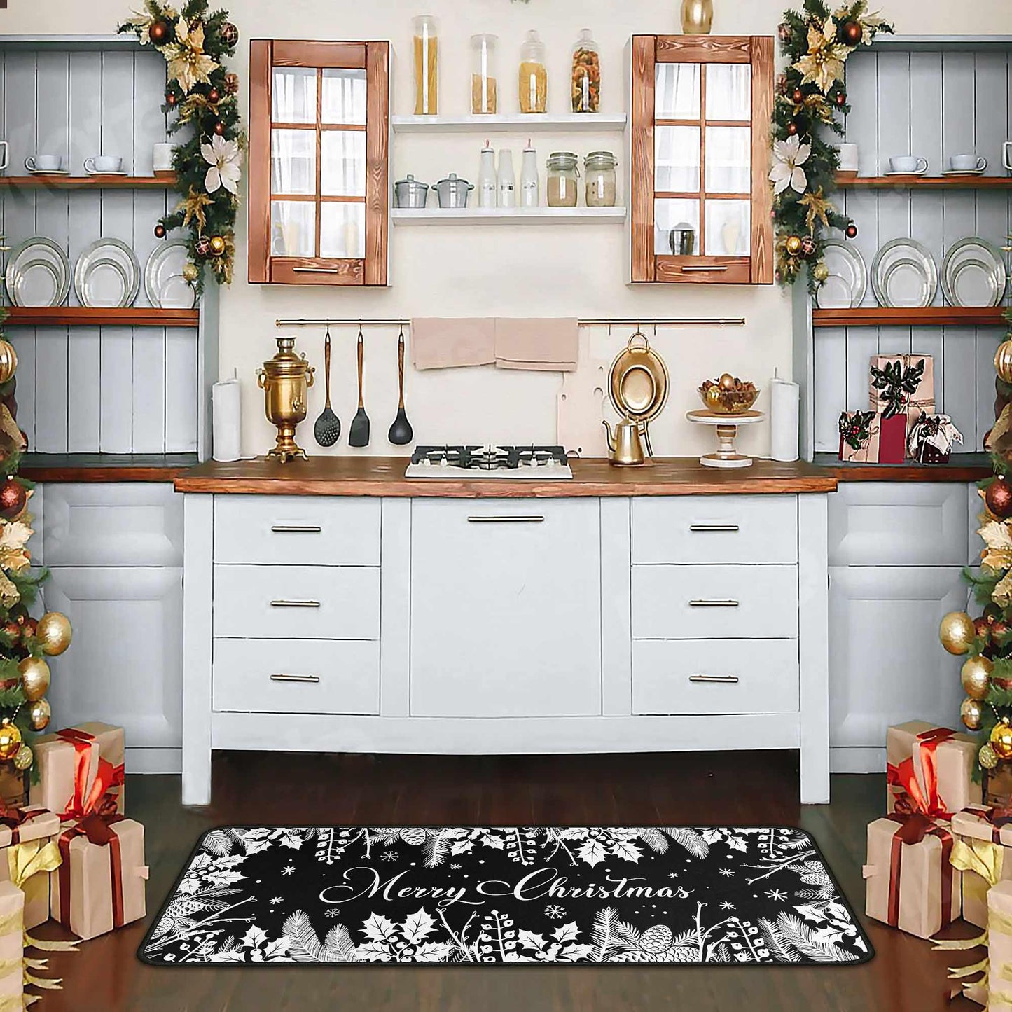 Christmas Kitchen Mats Set of 2, Black Christmas Decorations for Home, Holly Pine Branches Pinecones Kitchen Rugs Non-Slip Backing Winter Floor Mat Xmas Decor Washable Runner Rug 17"x47.2"+17"x30"