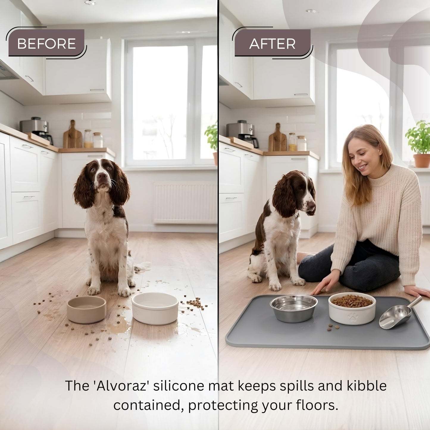 Alvoraz Silicone Pet Feeding Mat 2 Pack 19 x 12 Inch Waterproof Dog & Cat Food Mat with Raised Edge, Non Slip BPA Free Dog Bowl Mat for Food and Water Bowls, Spill Proof Floor Protector (Grey)