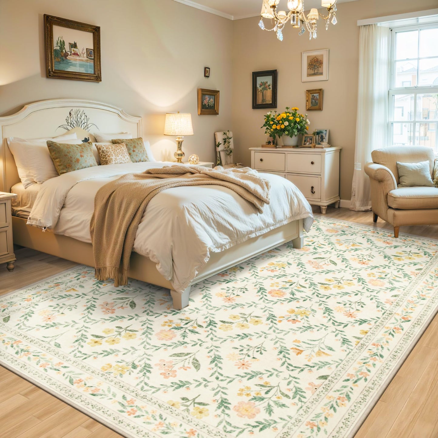 Area Rug Living Room Rugs: Floral 4x6 Washable Rug Vintage Soft Boho Non-Slip Carpet Stain Resistant Large Carpets for Bedroom Dining Room Farmhouse Nursery Hallway Home Office Beige/Multi