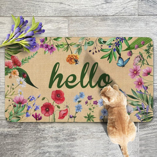 Dcohluk Hello Floral Decor Door Mat - Spring Summer Welcome Mats Outdoor Colorful Flowers Doormat Non Slip Rubber Flowers Decorative Front Door Mats Indoor Rug 30" x 17"
