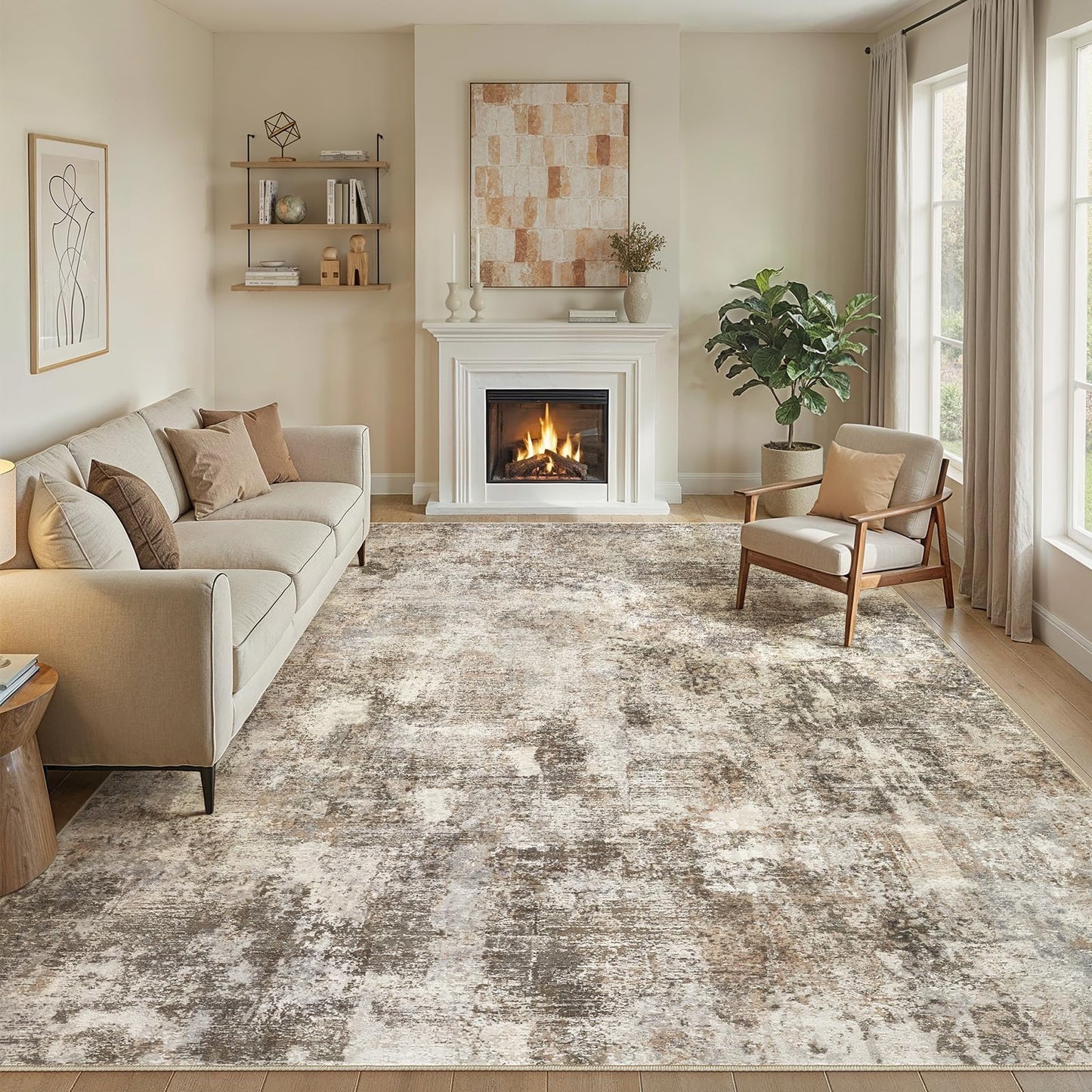 WITSHOCK Area Rugs 10x14 Living Room Rug - Washable Neutral Soft Low Pile Non-Slip Modern Abstract Thin Large Indoor Carpet for Bedroom Dining Room Nursery Office - Dark Brown