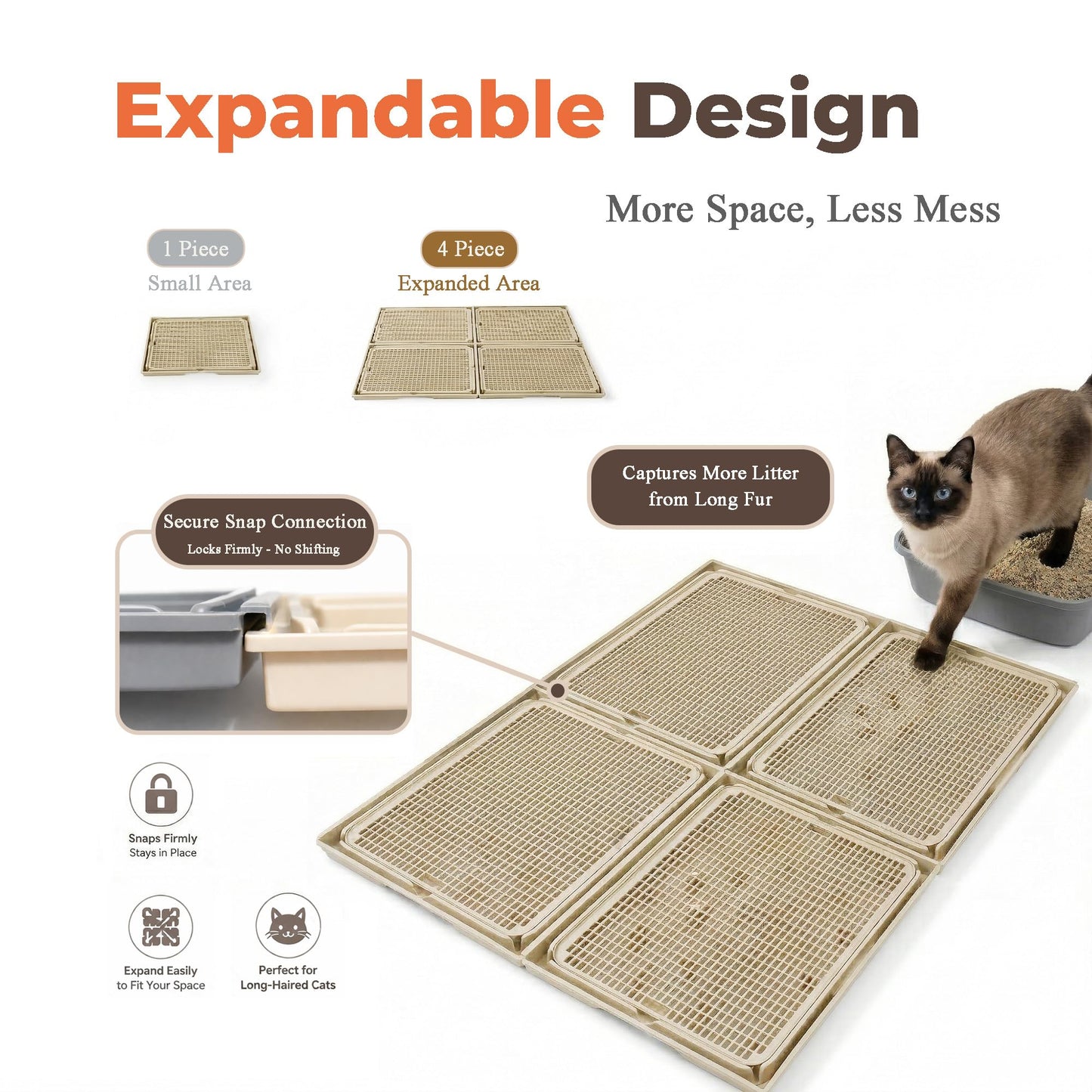 BonHautier 2 Pcs Cat Litter Mat, Double Layer Litter Trapping Mat with Connectable Design, Waterproof Urine Proof Cat Mat, Easy Clean Litter Box Mat for Indoor Cats (Khaki)