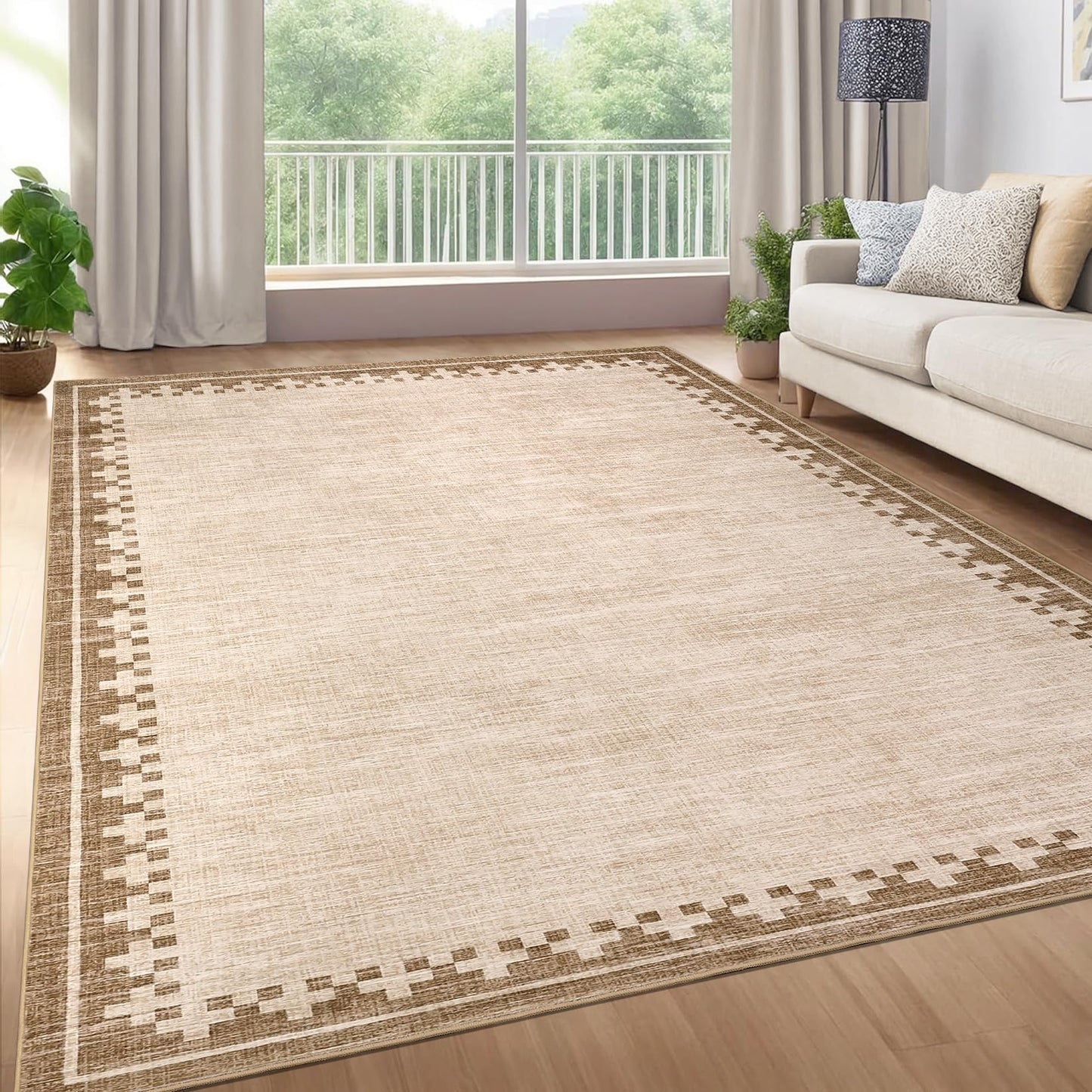 GarveeHome Cross Bordered Large Area Rug 9x12 Machine Washable Non Slip Low Pile Dining Room Carpet Geometric Stain Resistant Living Room Bedroom Home Office Rug, Beige