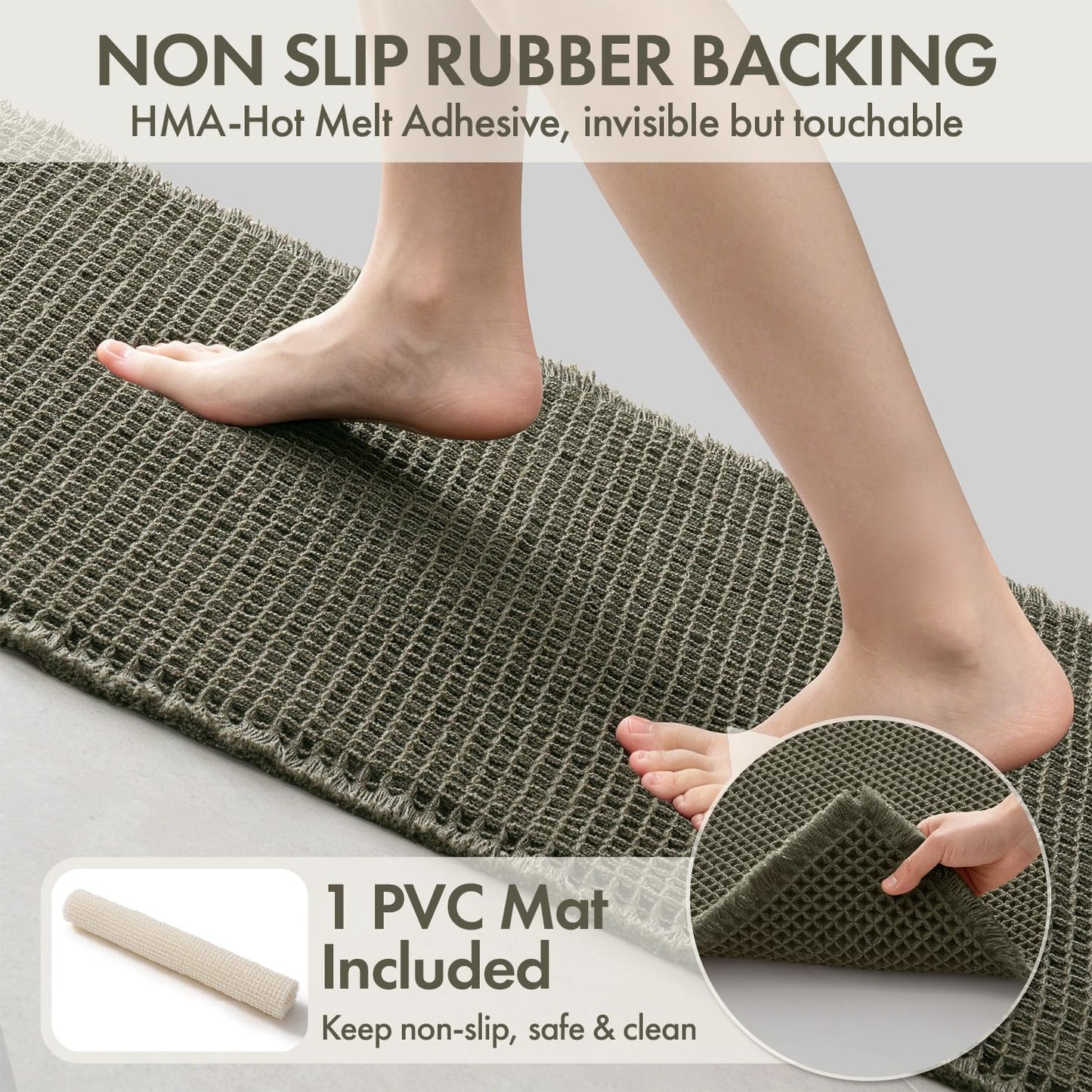 MIULEE Waffle Bathroom Runner Rugs, Super Absorbent Non Slip Bath Rug, Upgraded Soft Quick Dry Washable Boho Long Bath Mat with Tassels for Hallway Laundry Room Bedroom, 2'x6' (24"x72"), Green