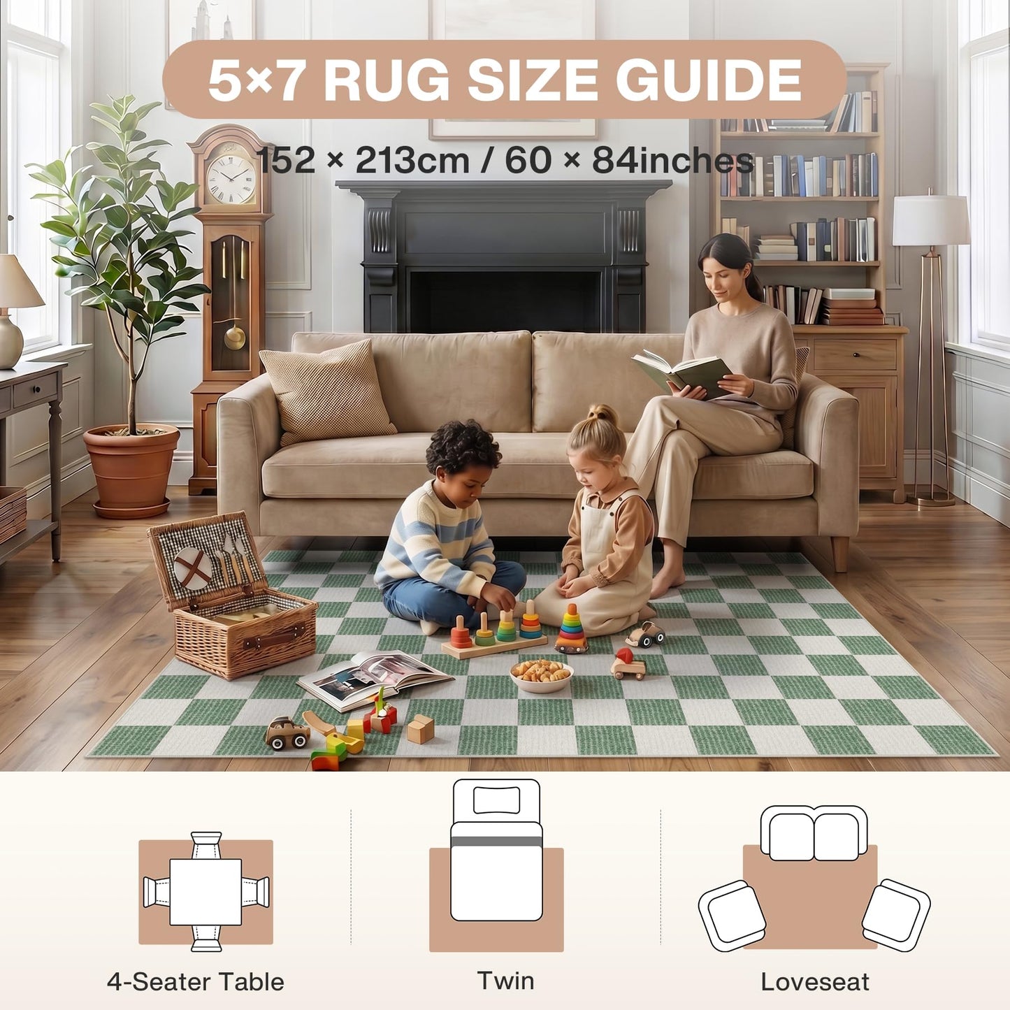 Tribesigns Checkered Washable 5x7 Area Rugs for Living Room, Soft Non-Slip Sage Green Rug for Bedroom, Geometric Printed Dining Room Carpet for Office Playroom Decor, Oeko-Tex Certified