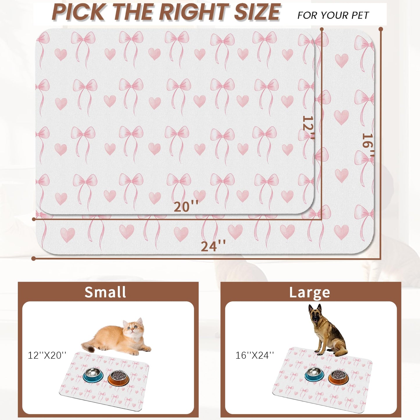 Cute Pink Bow Dog Food Mat for Floors,Heart Absorbent Pet Food and Water Bowl Mats,Non-Slip Pet Feeding Mat,Pet Supplies 12" x 20"