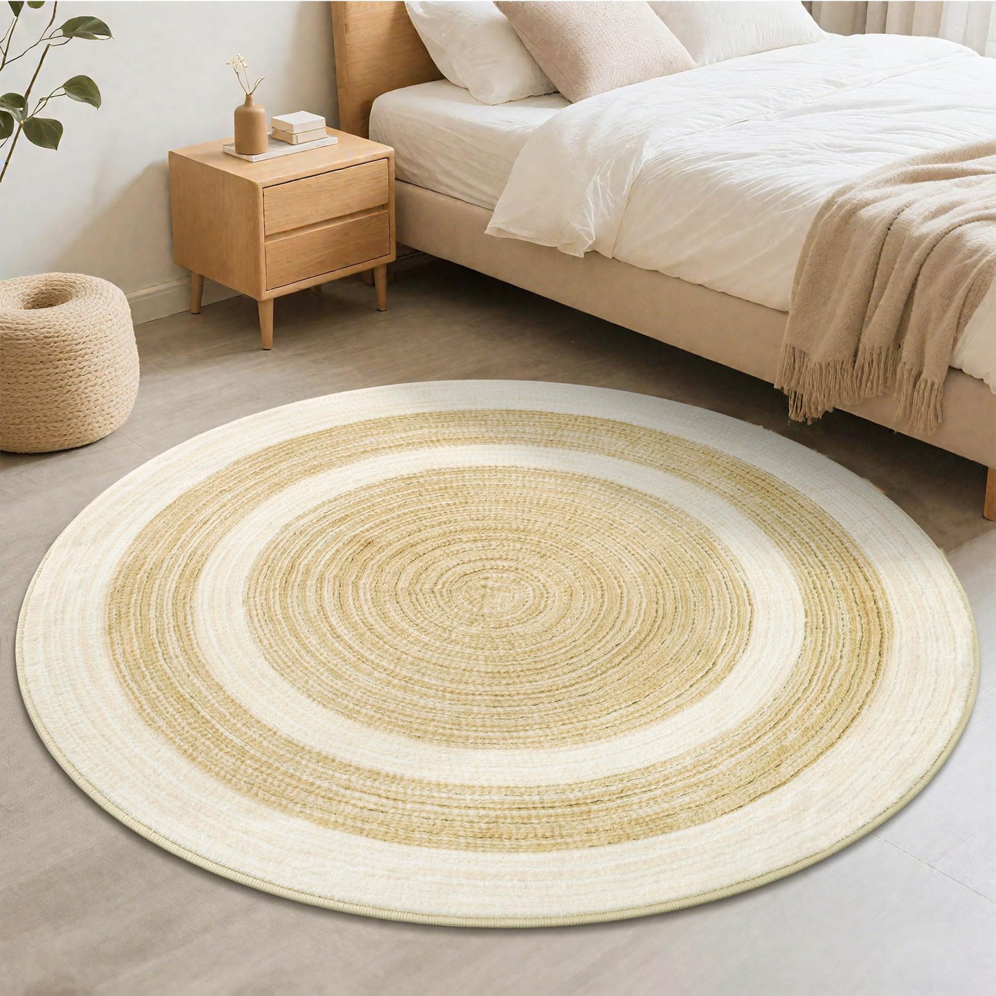 Carvapet 4 ft Round Washable Rug, Imitation Jute Low Pile Circle Carpet with Non Slip Rubber Backing, Foldable Stain Resistant Area Rug for Living Room Bedroom Office Bathroom