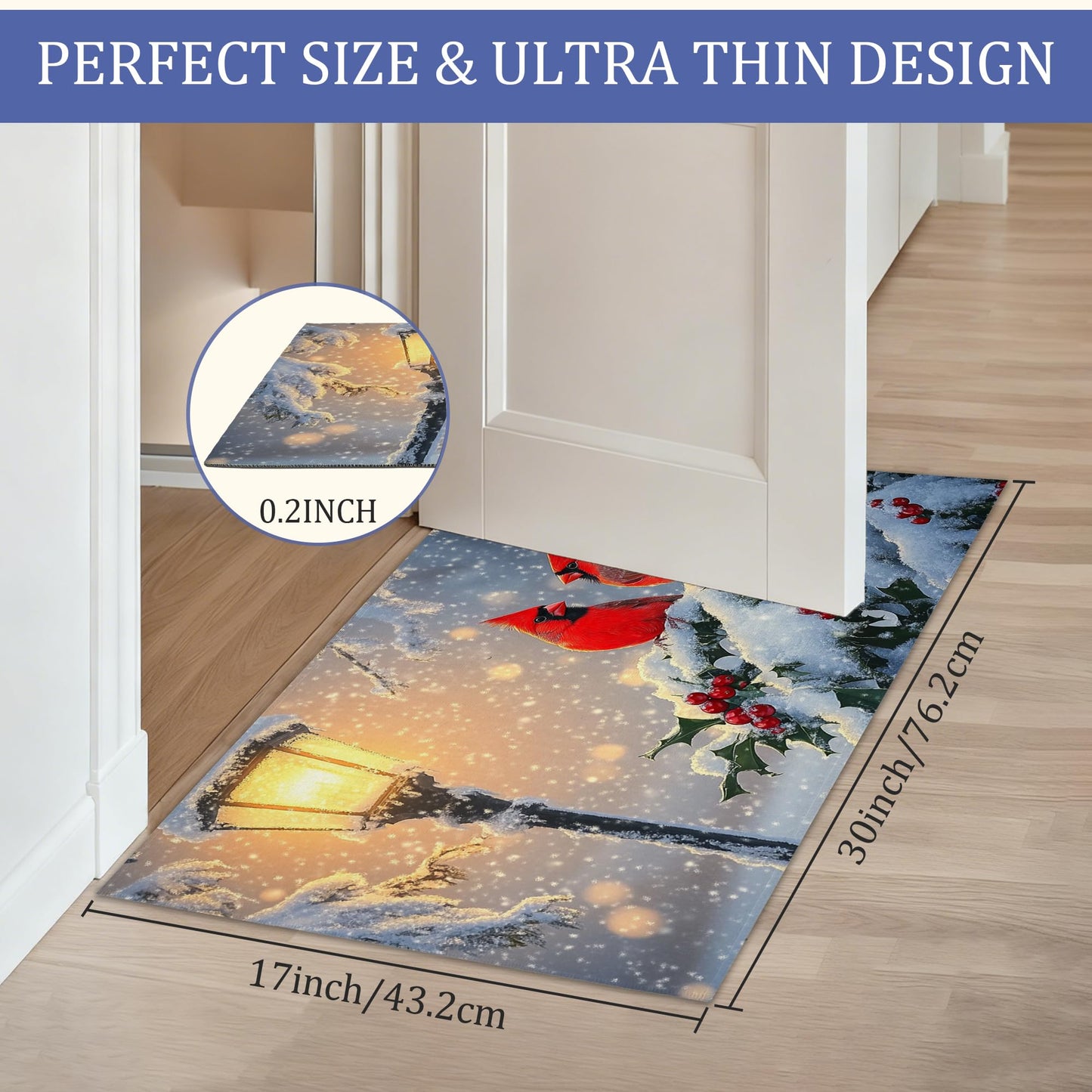 Winter Cardinal Welcome Mat,Christmas Snow Indoor Rugs for Entryway,Anti-Slip Low Profile Doormats Porch Mats for Front Door Stairway Rug Living Room Floor Mat 30 x 17 Inch