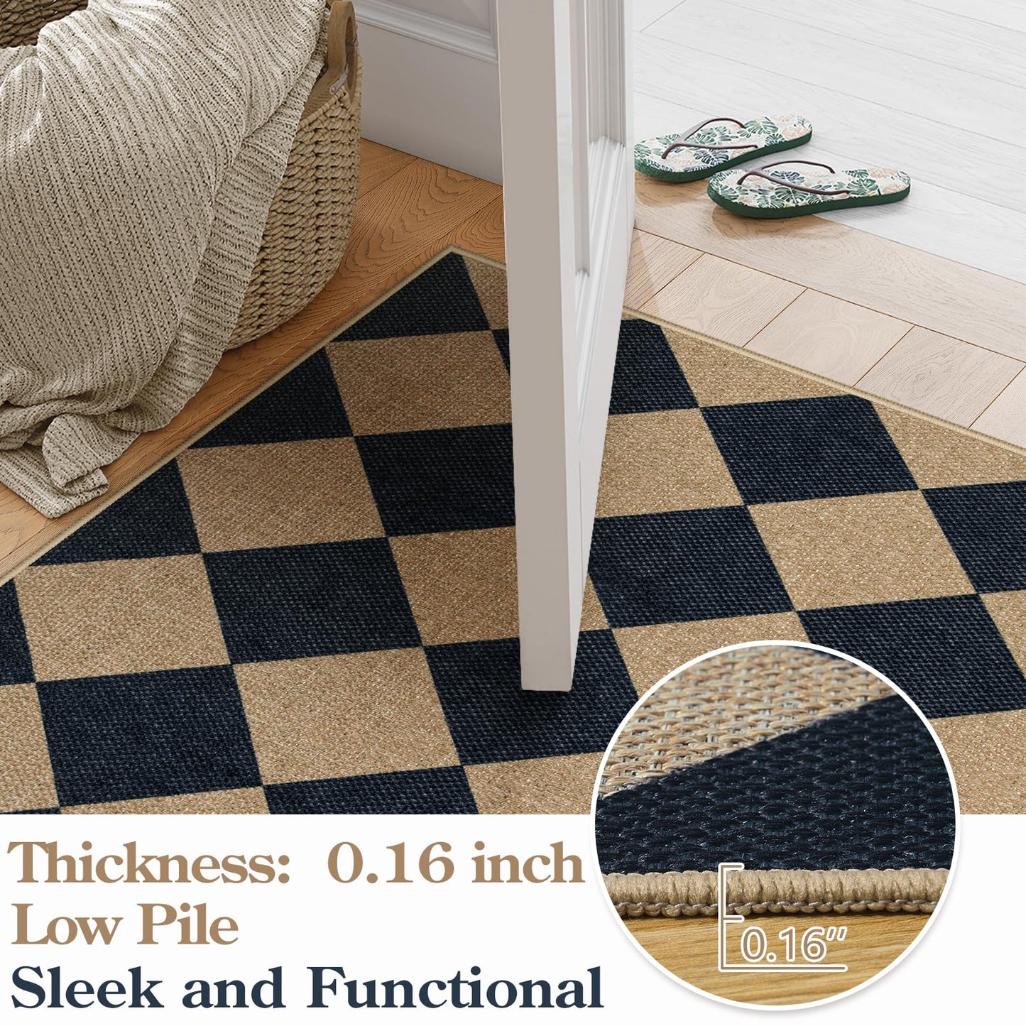 Lanffia Checkered Easy Jute Washable Rugs 8x10, Black Living Room Rug for Dining Room Diamond Indoor Outdoor Carpet, Large Non Slip Low Pile Farmhouse Checkerboard Rug for Classroom Patio