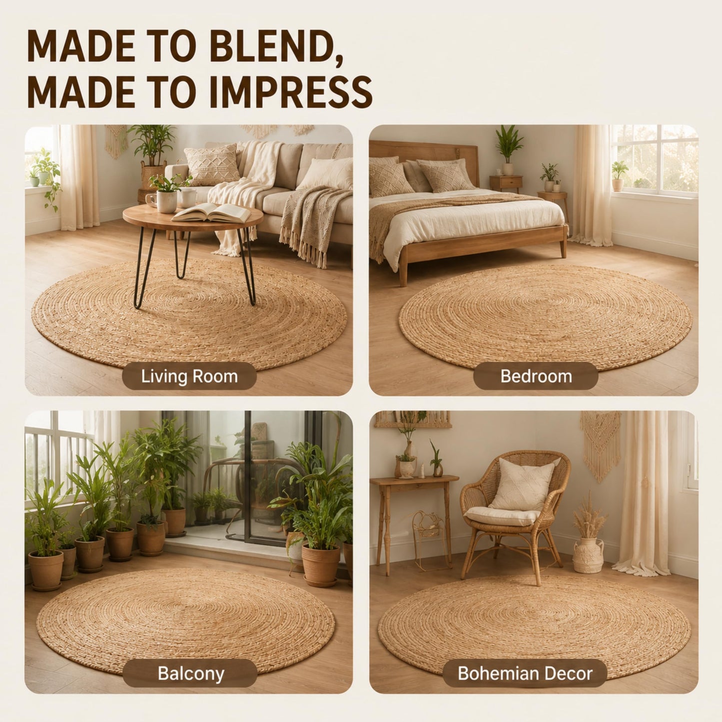 Jute Braided Area Rug, Natural - 4 Feet Round, Boho Neutral Rattan Circle Hand Woven Rugs for Living Room, Bedroom, Nursery, Kitchen, Indoor Use | Farmhouse Rustic Patio Floor Mat for Home Décor