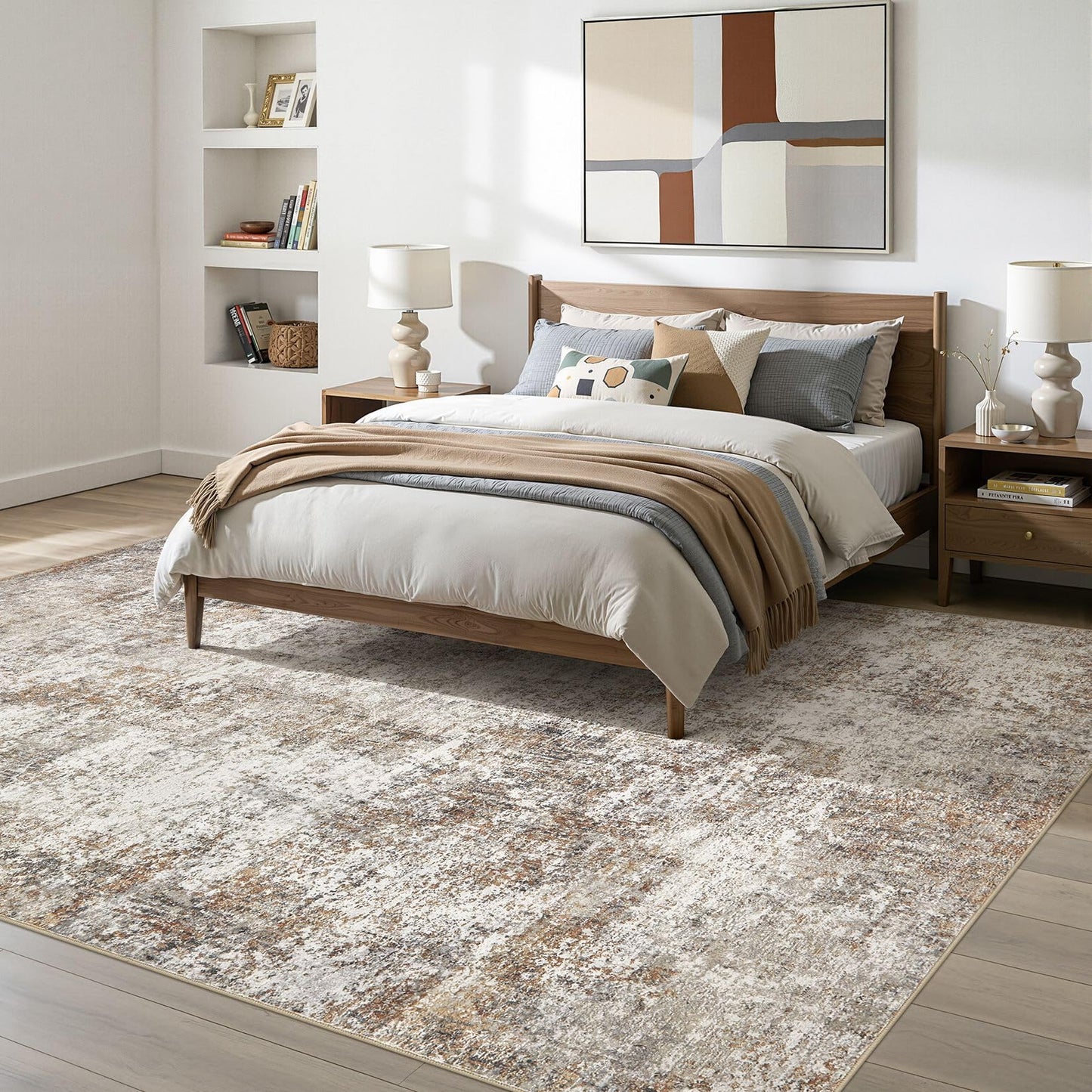 10x14 Area Rugs for Living Room: Washable Large Neutral Abstract Rug Soft Non Slip Stain Resistant Low Pile Indoor Carpet for Bedroom Dining Room Nursery Office Playroom - Brown Grey