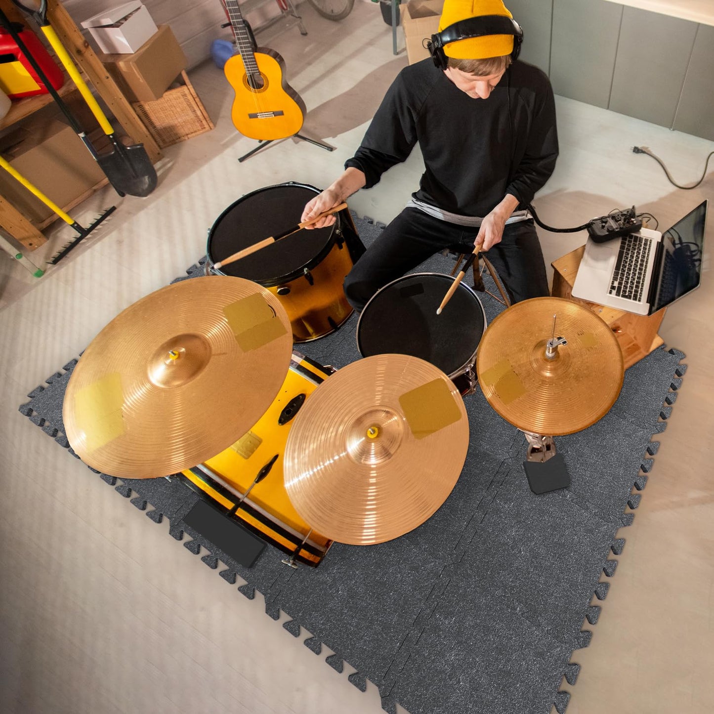 TONOR Drum Mat Set, 20PCS, each 11.8'' x 11.8'' x 0.35'', Floor Drum Mat with Non-slip Bottom, Thick Sound Absorbing Floor Mat for Electric Drum Set, Soundproof Carpet with Bass Drum Anchor, Medium