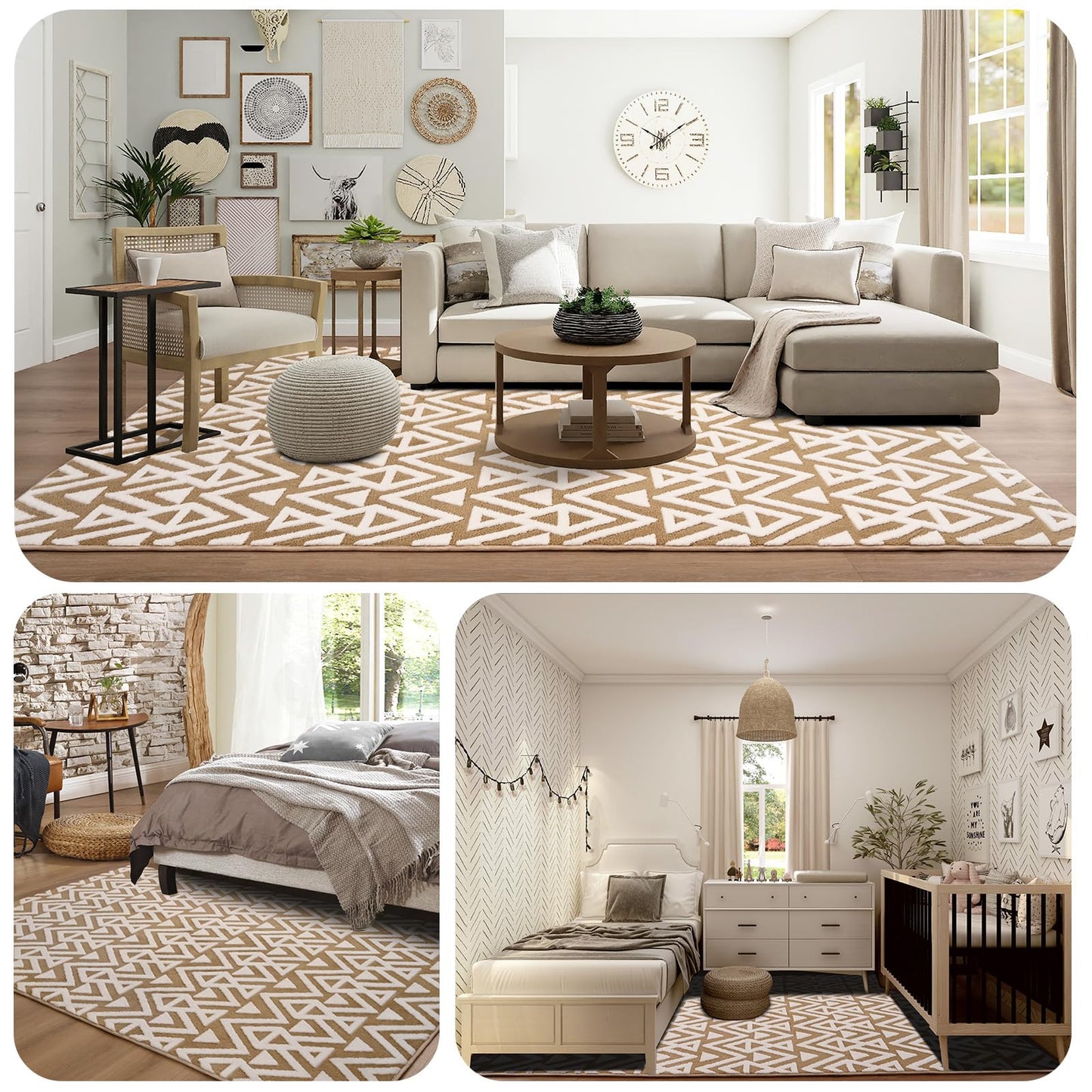 Ompaa Ultra Soft Shaggy Rugs Memory Foam Bedroom Carpet, Beige 7 x 10 Feet Large, Plush Geometric Textured Area Rugs for Living Room Couch Dorm Bedside Kids Girls Teens Room Nursery Decor Floor Mat