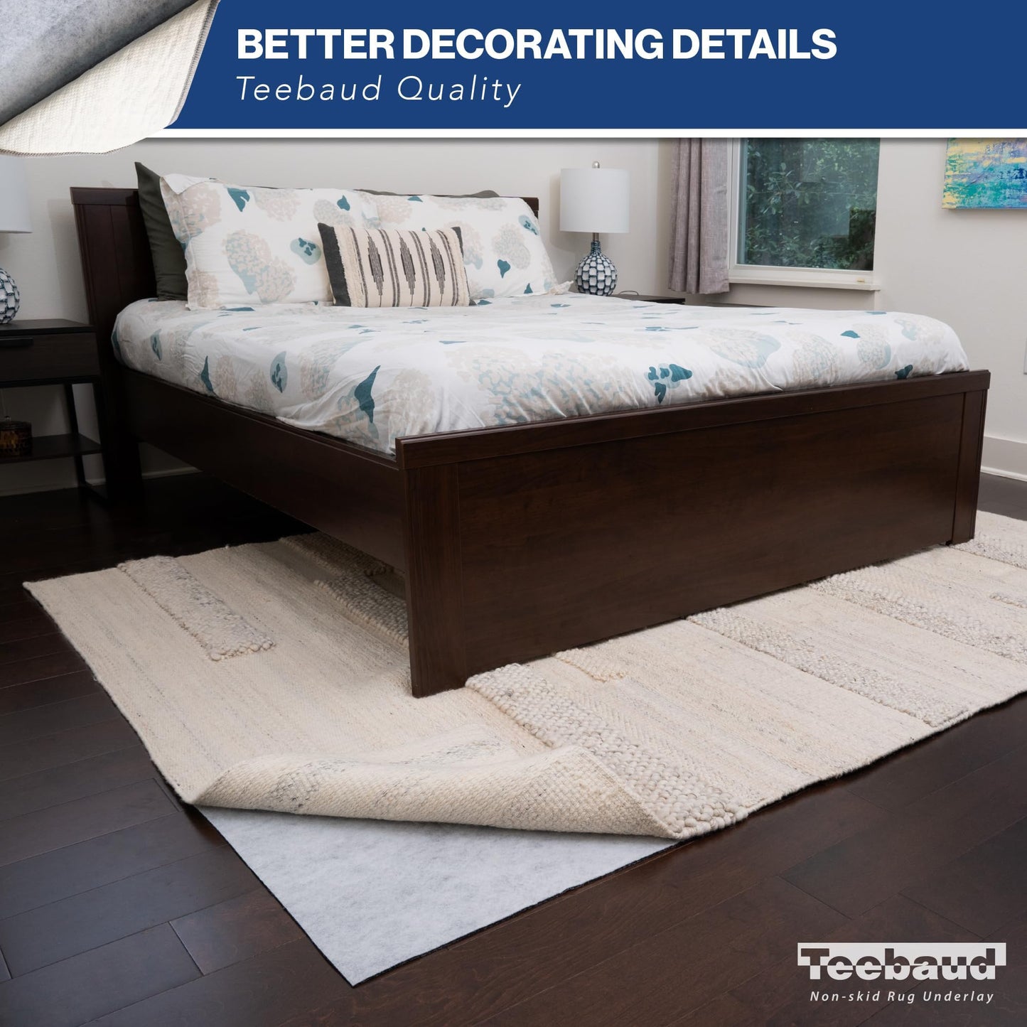 Teebaud 3' x 5' Non-Slip Rug Pad, Reversible Gripper, Non Skid Pads for Hardwood, Vinyl, Tile, Laminate Floors, Keep Area Rugs Secure, Natural Materials Safe for Indoor Flooring, ¼” Thick