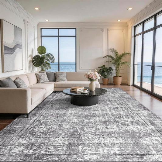 10x12 Area Rugs for Living Room, Non Slip Washable Rugs Large Rug Indoor Carpet, Durable & Soft Vintage Rug for Bedroom Dining Room Home Office Decor, Grey