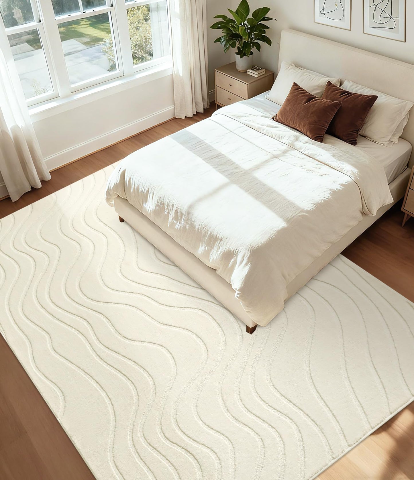 YIHOUSE 6x9 Abstract Wave Striped Area Rug, Modern Washable High-Low Pile Rug, Soft Textured Carpet for Living Room, Bedroom,Dining Room, Beige Ivory White