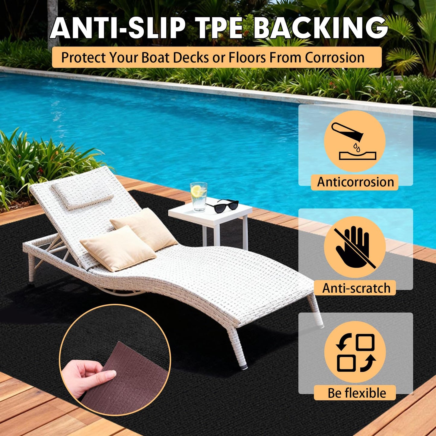 Grefinity Marine Carpet,5 FT x 10 FT Black Indoor Outdoor Carpet 0.2" Thick Boat Rug with Water-Proof TPE Backing for Home, Patio, Porch, Deck