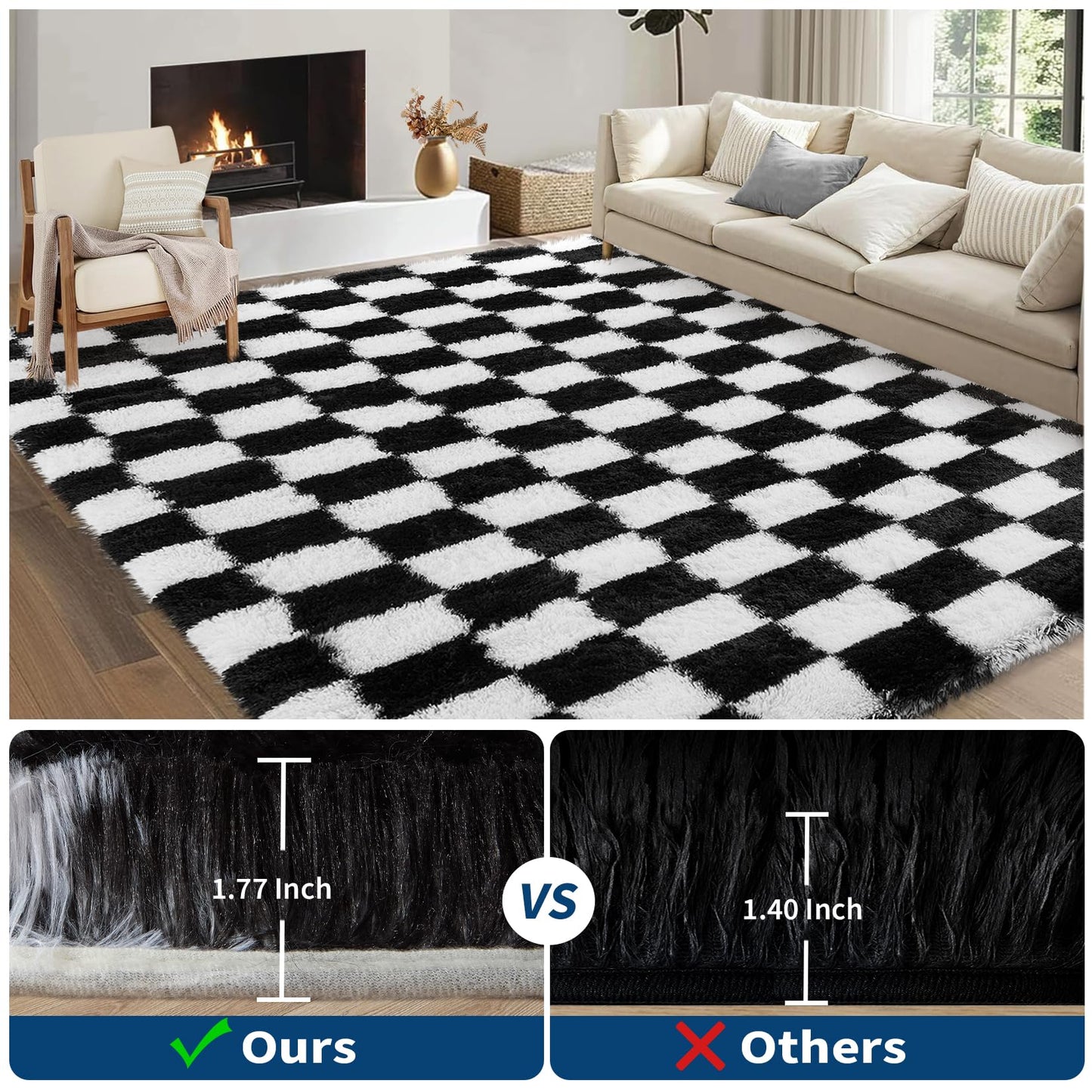 Garvee Checkered Area Rug 9x12 Large Rug Thick Super Soft Shaggy Rugs Fluffy Carpet Fluffy Fuzzy Shag Washable Rugs for Living Room Nursery Bedroom Luxury Playroom Teen Plush Carpets,Black and White