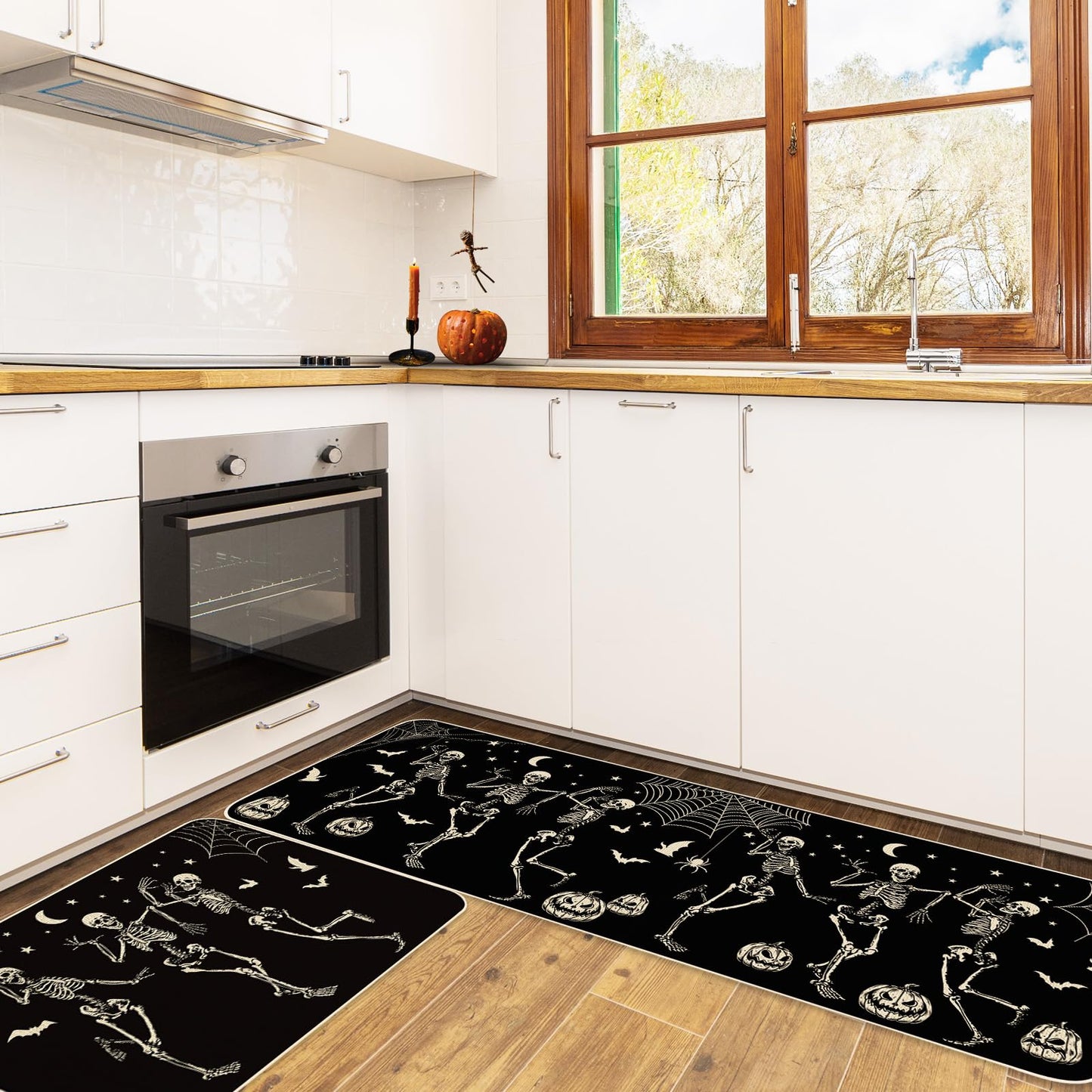 JarThenaAMCS Halloween Skeleton Kitchen Mats Spider Pumpkin Bat Welcome Floor Mat Non-Slip Black Door Rugs for Indoor Outdoor Bathroom, 17 x 29 Inch & 17 x 47 Inch