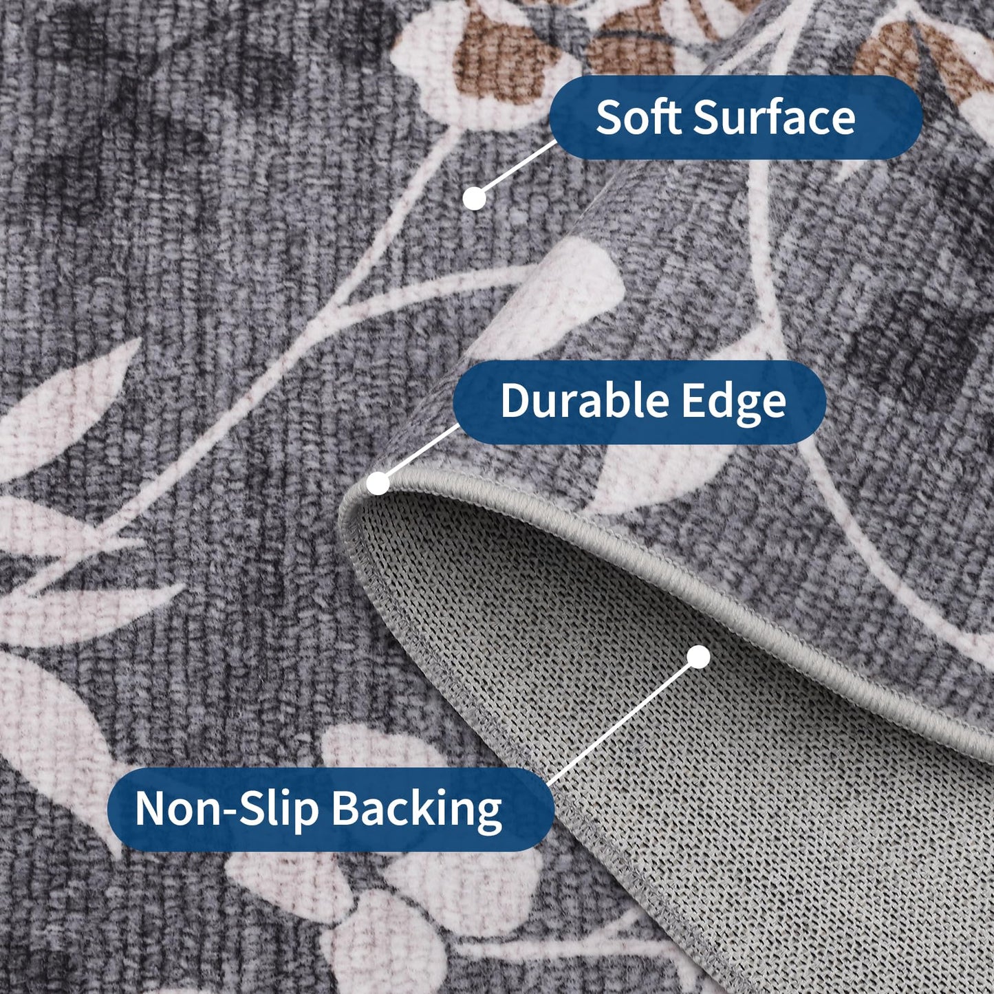 Garvee 5x7 Washable Living Room Rugs, Non Slip Bedroom Rugs, Large Floral Print Throw Carpet for Dining Room, Soft Low Pile Botanical Home Decor Rug for Nursery Home Office, Grey