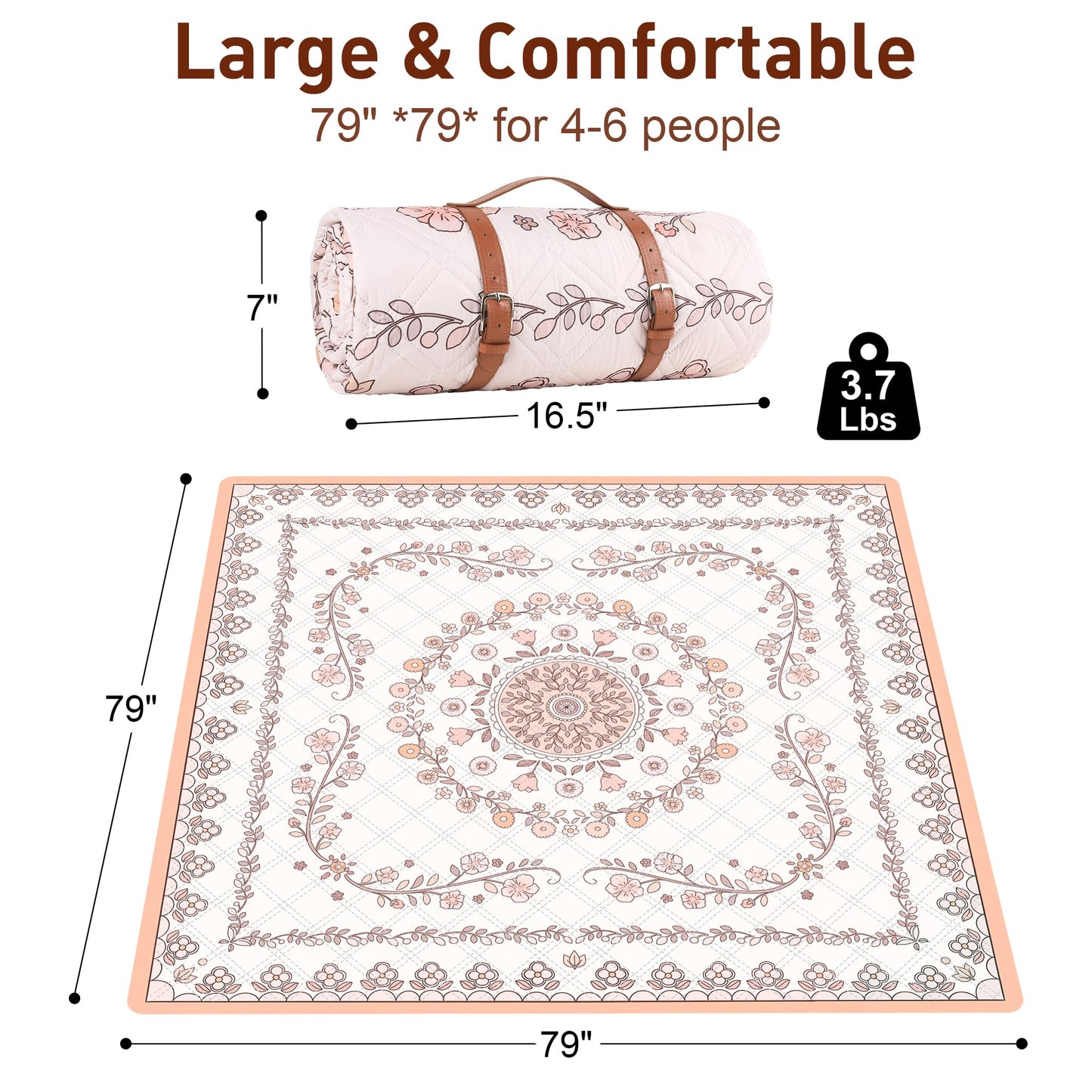 aoole Boho Picnic Mat, 79" x 79" Extra Large Outdoor Picnic Blanket, Washable Foldable Portable Blanket for Beach/Camping/Concerts