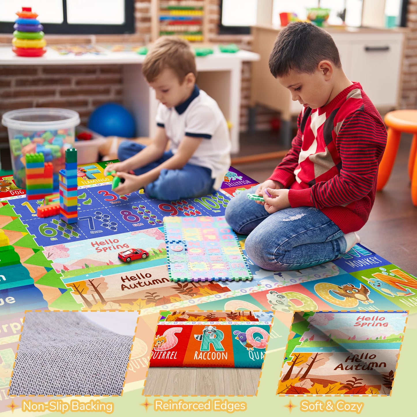Kids Classroom & Playroom Rug - ABC Alphabet Educational Area Rug with Animals Colors & Numbers - Washable Non-Slip Carpet Playmat for Nursery Preschool & Reading Area 4x6 Feet