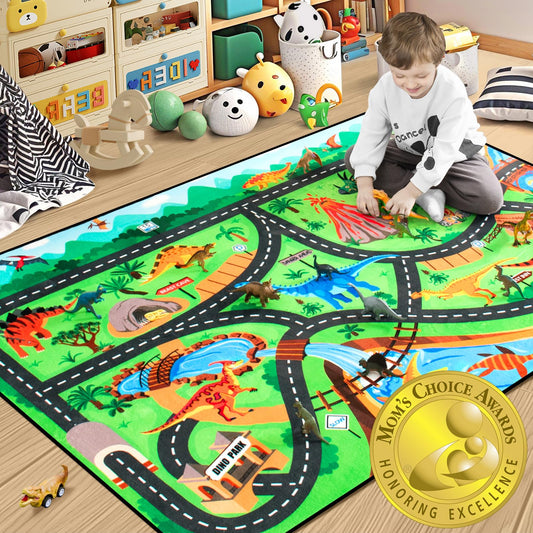Diysani Kids Rug, Car Carpet for Kids' Toy Cars, 5x7 Ft Dinosaur Rug, Dino Safari Road Mat for Playroom, Educational Learning & Game Area Playmat Carpet for Children