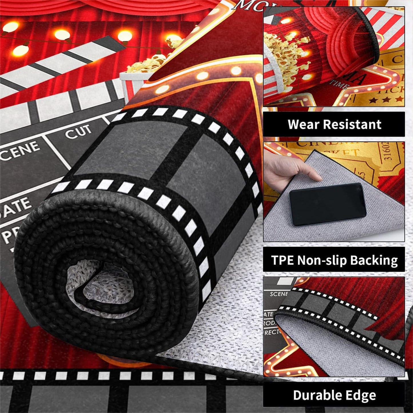 LGGLOVELIN Cinema Movie Time Area Rug 8x10ft, Indoor Low Pile Large Carpet, Red Curtain Popcorn Ticket, Washable Non-Slip Soft Rugs for Home Theater Living Room Bedroom Movie Night Decor Mat