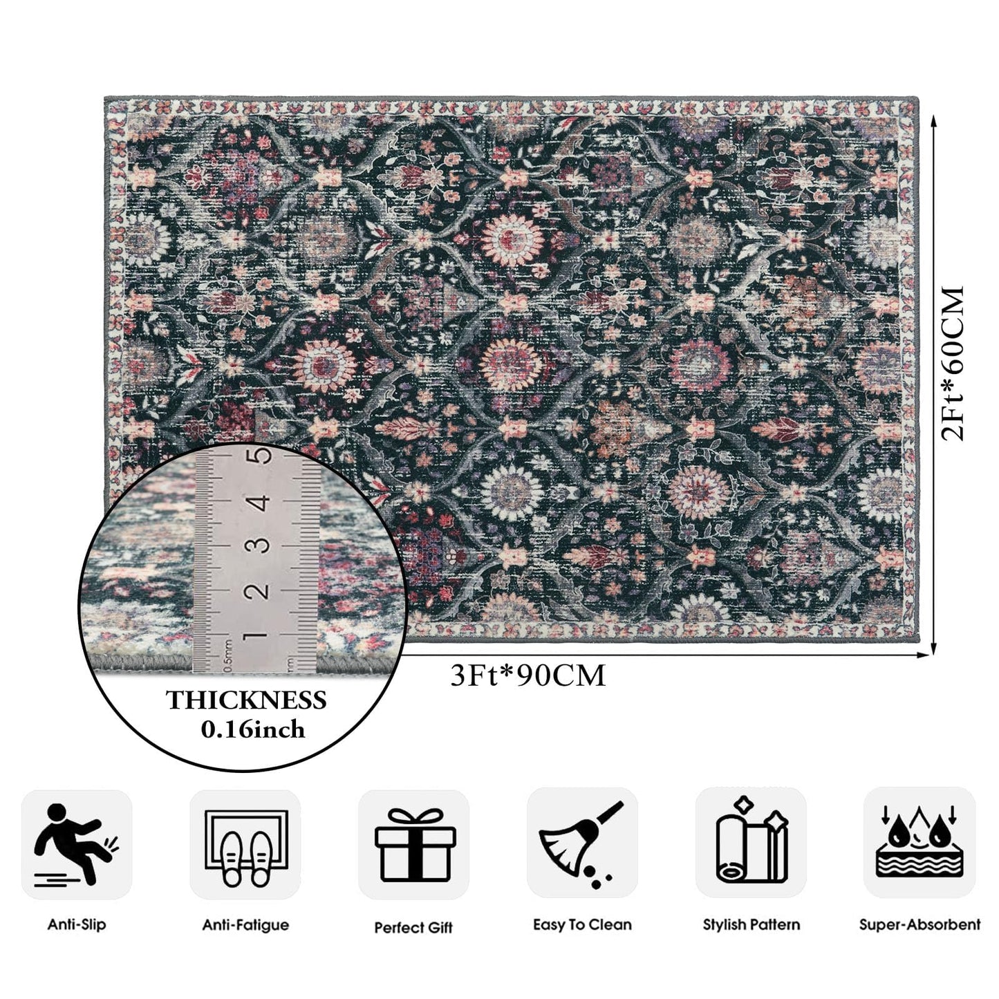 Lahome Moroccan Trellis Washable Rug, 2x3 Entryway Rugs for Kitchen Bathroom, Non-Slip Indoor Door Mat Ultra-Thin, Small Oriental Throw Carpet for Bedroom Entry Elise, Black/Multi