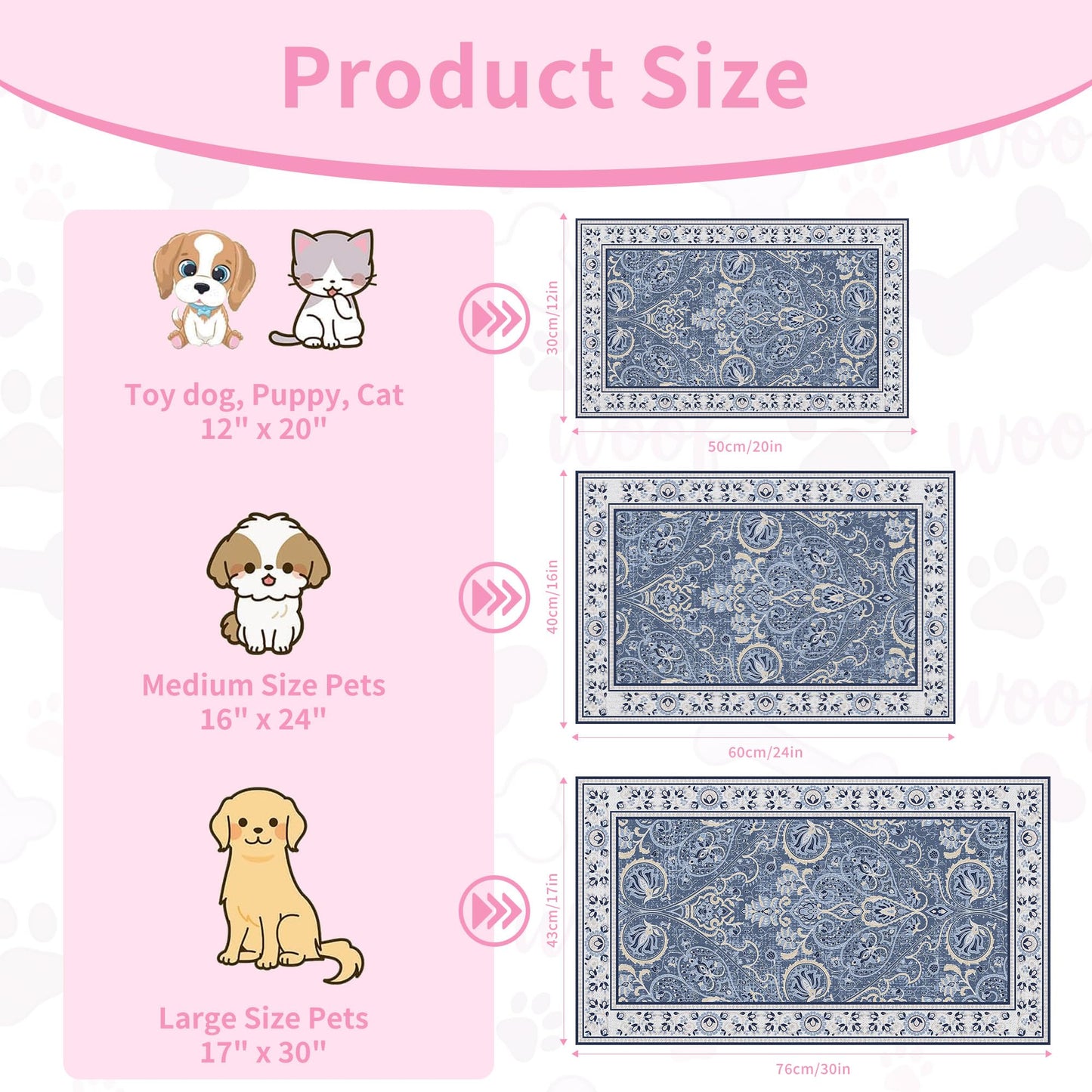 Blue Floral Pet Feeding Mat, Absorbent Dog/Cat Food Mat for Food and Water Bowl, Non-Slip Quick Dry Pet Placemat Floor Protector for Messy Drinkers(12 x 20 in)